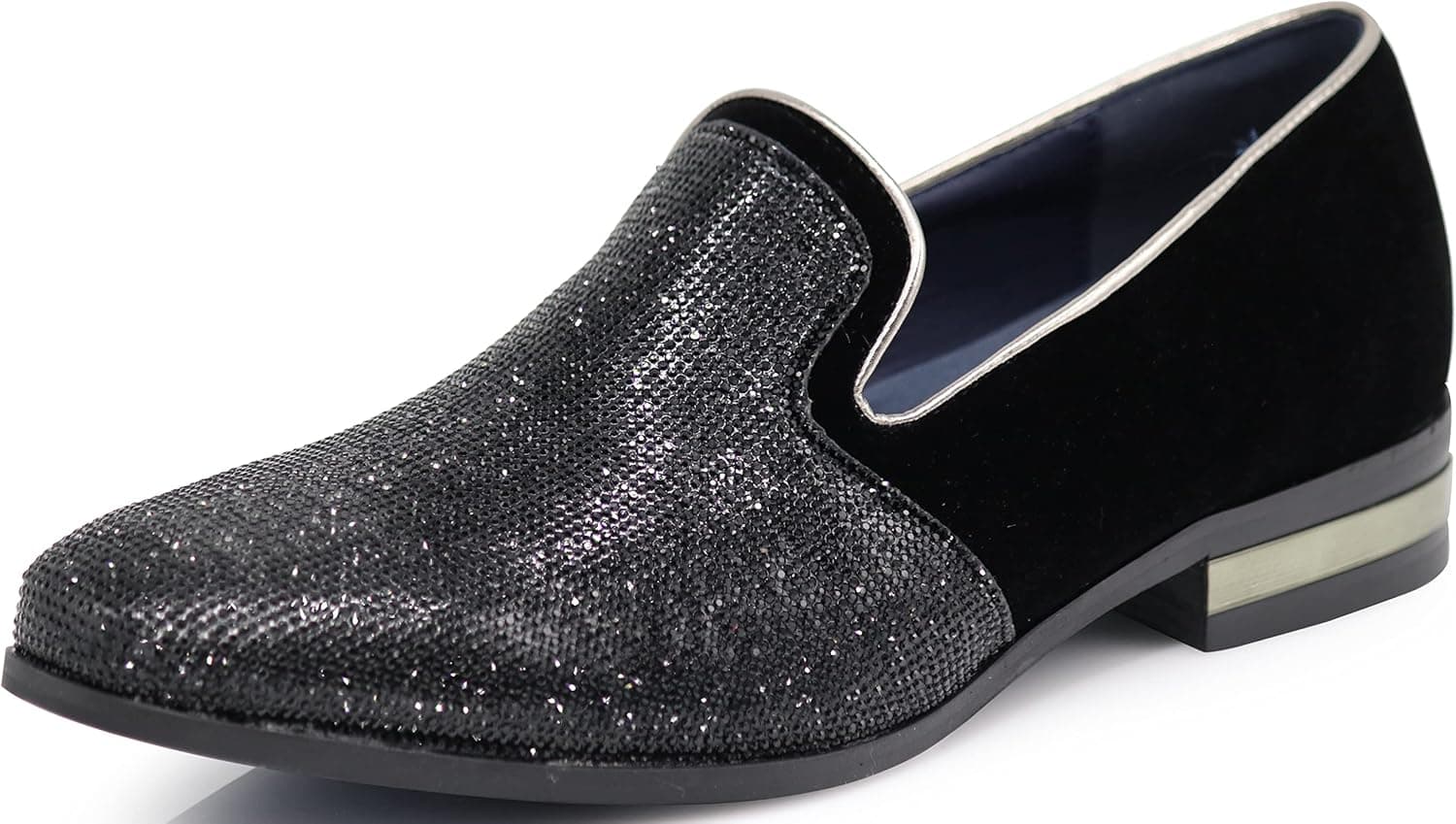 TRS Men Rhinestone Round Toe Suede Chrome Heels Dress Loafer Slip On Fashion Shoes