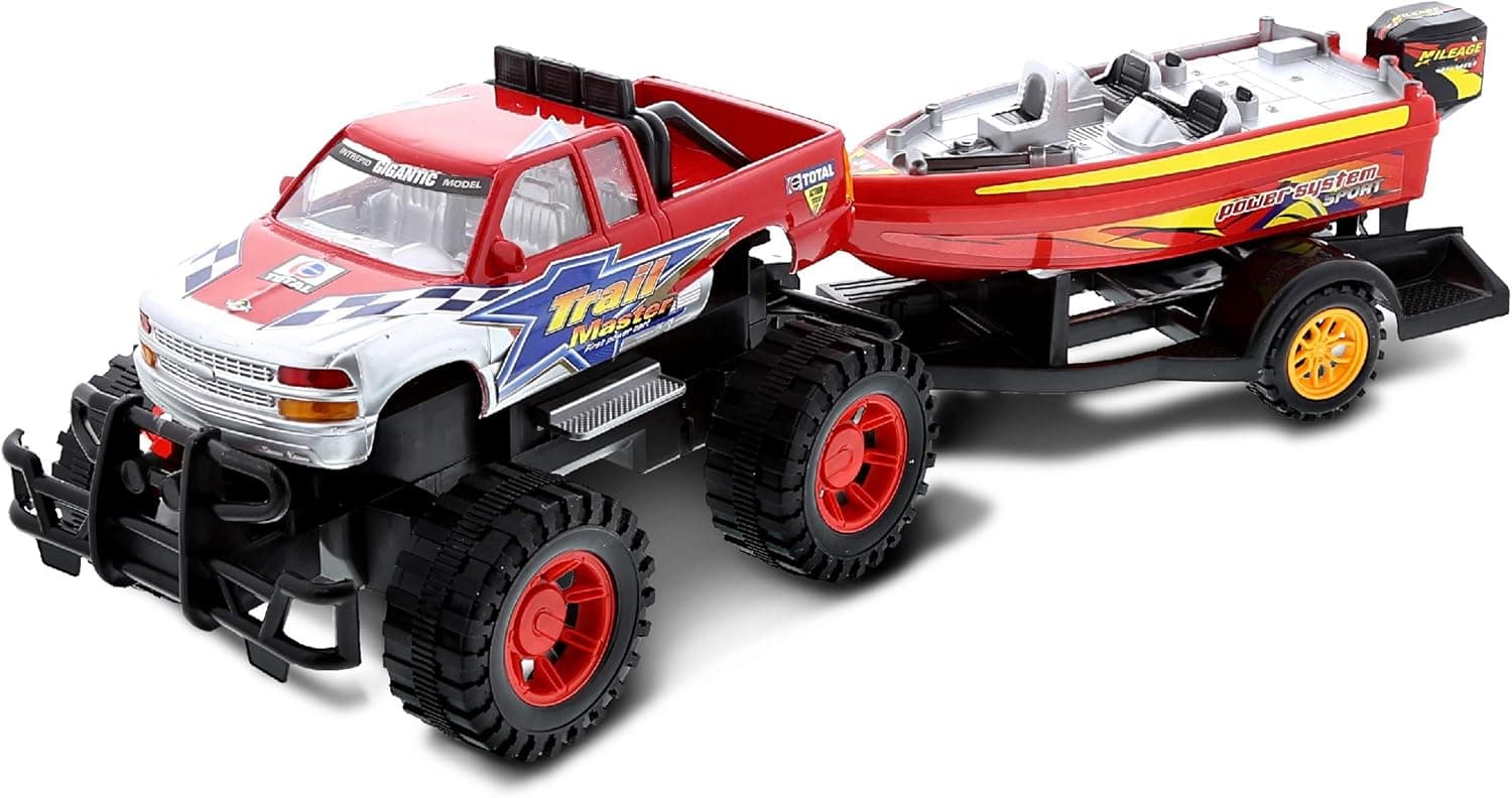 Mozlly Monster Truck Trailer & Speed Boat Friction Push Powered Hauler Play Set Outdoor Beach Sandbox Fun Toy Vehicle Adventure for Kids, Red Or Black Color