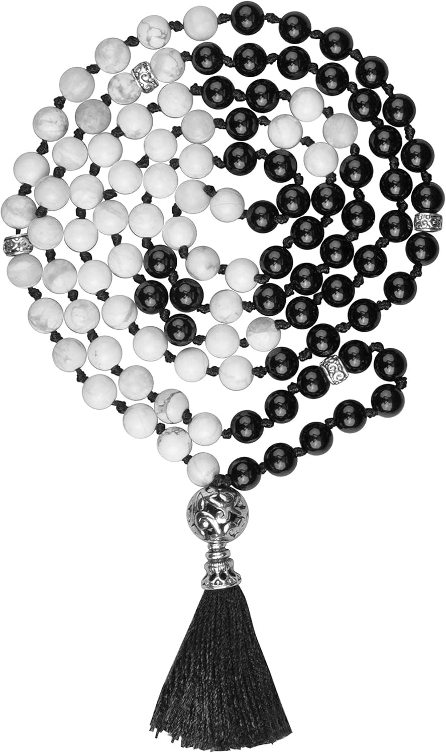 Axellea Mala Beads Yin Yang Stone Necklace 108 Mala Beads Black Necklace Howlite Black Onyx Gem Stones Meditation Necklace 108 Hand Knotted Japa Mala Beaded Tassel Necklace Howlite Mala Necklace 108