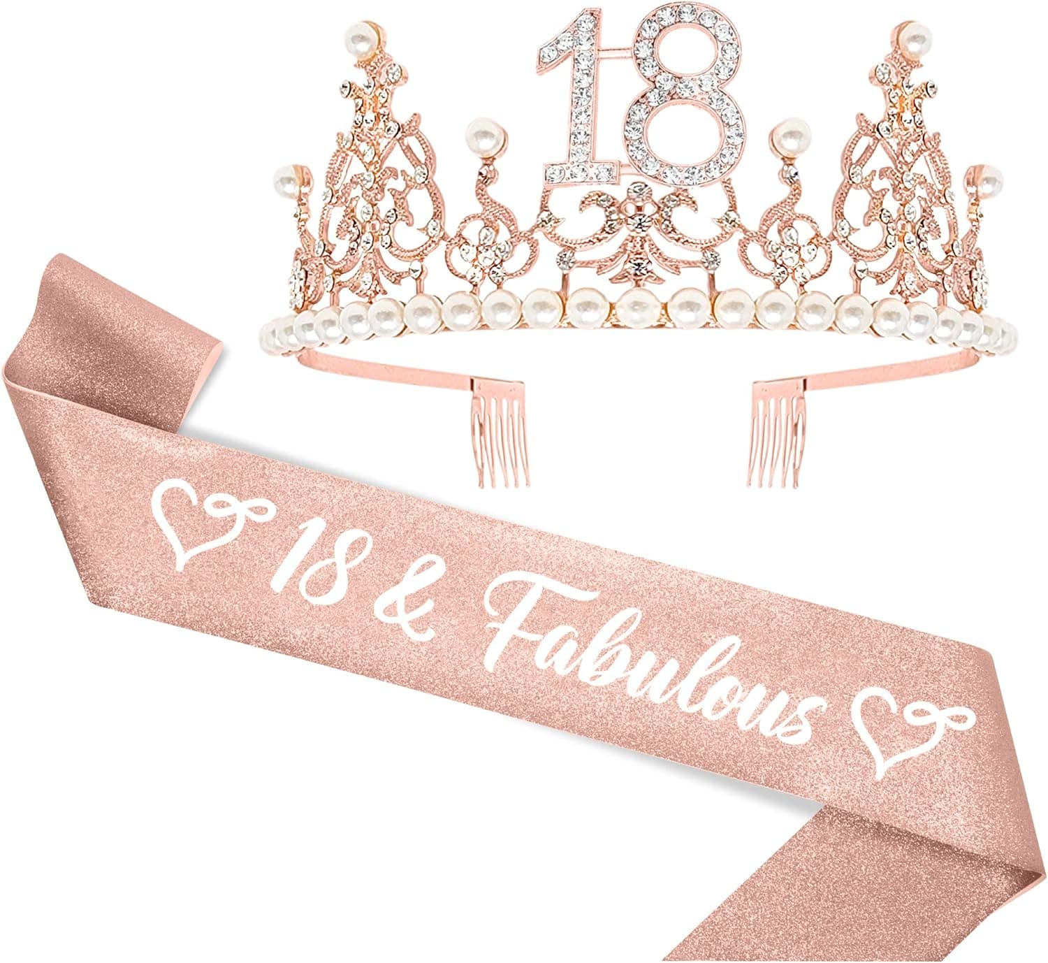 PARIS PRODUCTS CO. 18th Sash and 18th Tiara For Happy 18th Birthday Decorations for Girls, 18th Birthday Gifts, Rose Gold 18 Year Old Girl Gifts, 18 Birthday Crown, 18th Birthday Party Supplies
