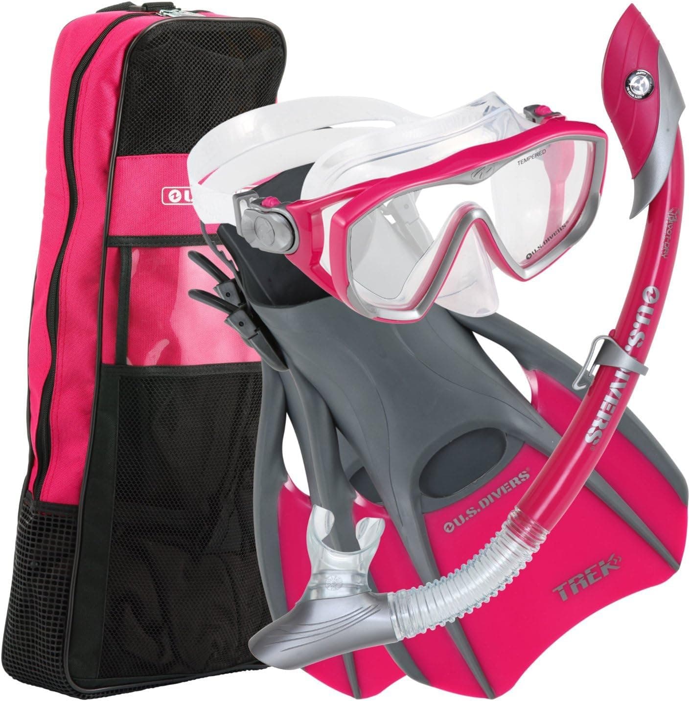 U.S. Divers Diva Women Snorkel Set, Ladies Silicone Mask, Trek Travel Fins, Dry Top Snorkel + Snorkeling Gear Bag - Purple - Small