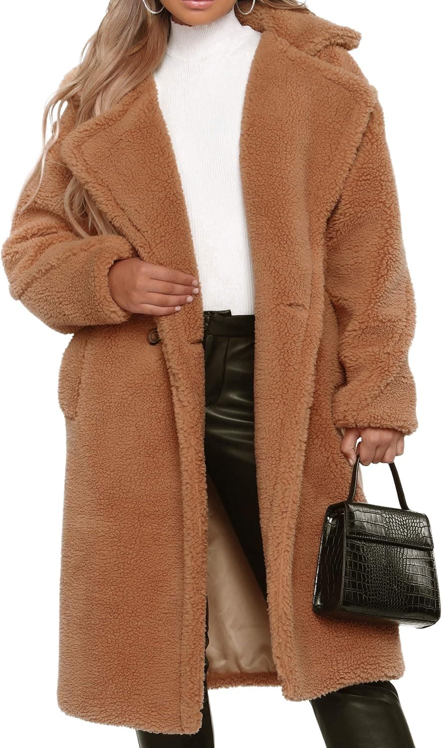 YIQ8 Women's Winter Coat Casual Lapel Fleece Fuzzy Faux Warm Plus Size Outwear Jackets Brown