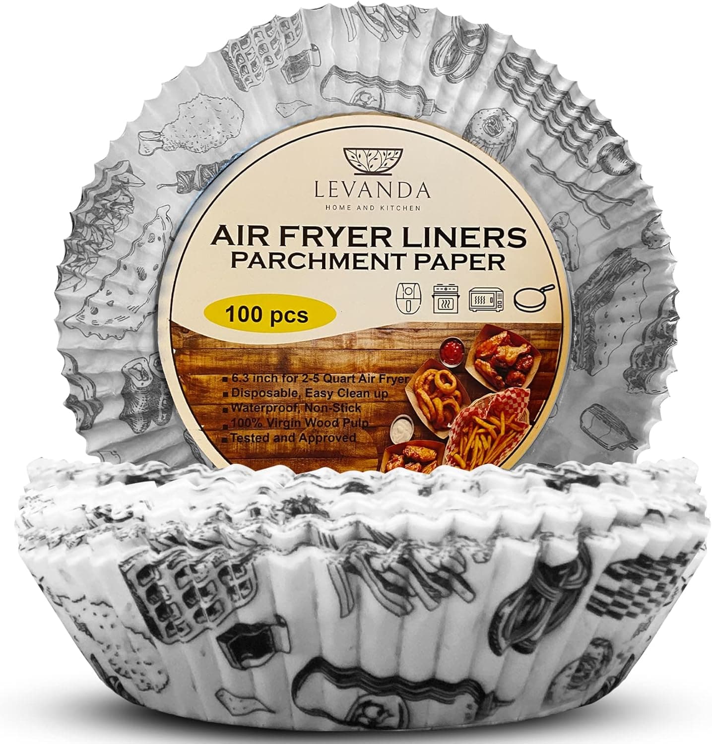 Air Fryer Disposable Liners- White w/Black Food design- Designed Parchment Paper for Fry Baskets, Ovens Non-Stick Cooking, 6.3” Round- Air Fryer Liners- 100 Count