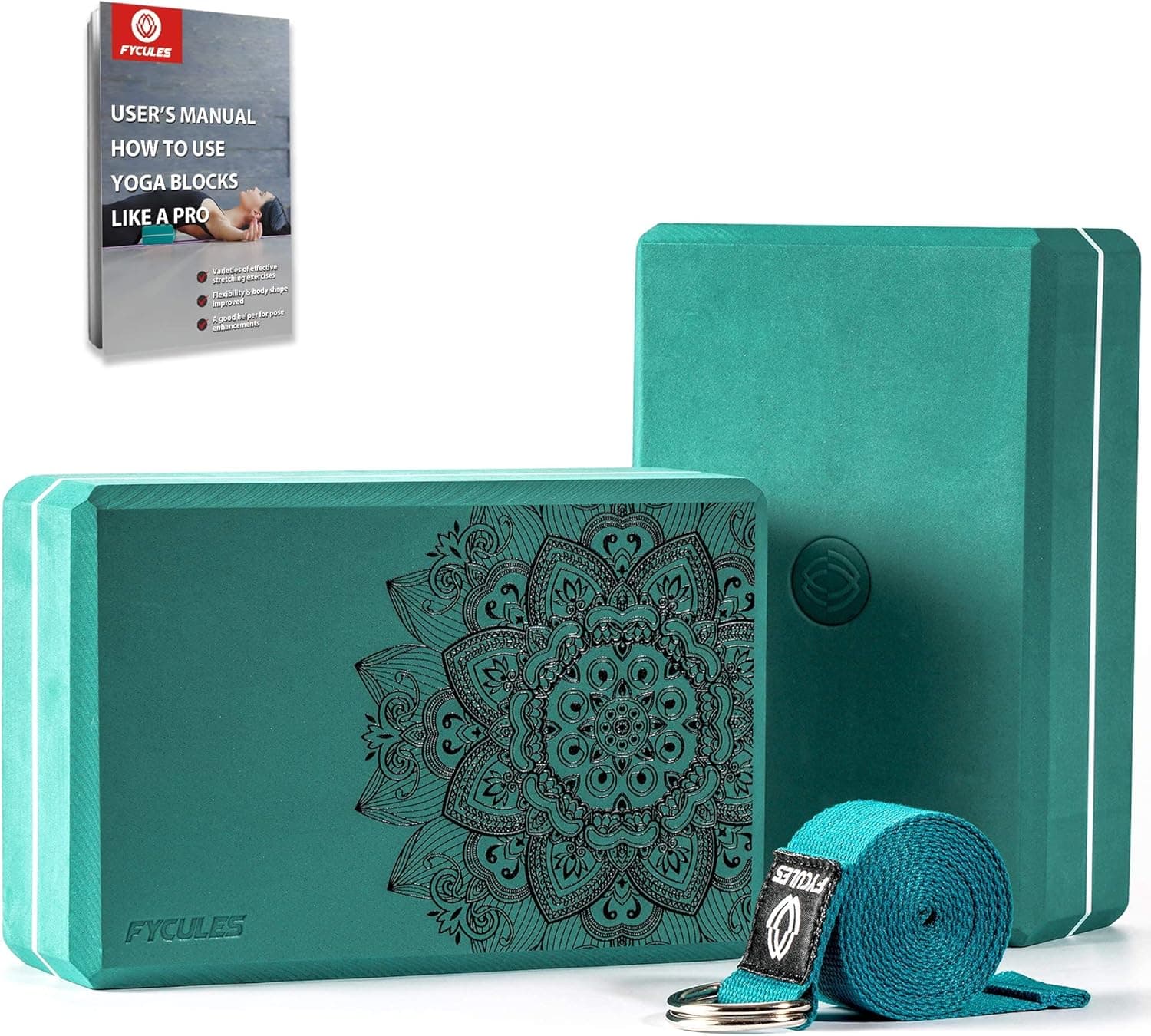 FYCULES Yoga Blocks, Yoga Blocks 2 Pack with Strap, Yoga Blocks 2 Pack, Recycled High Density EVA Foam Block 9"x6"x3" for Restorative Yoga Prenatal Yoga Meditation