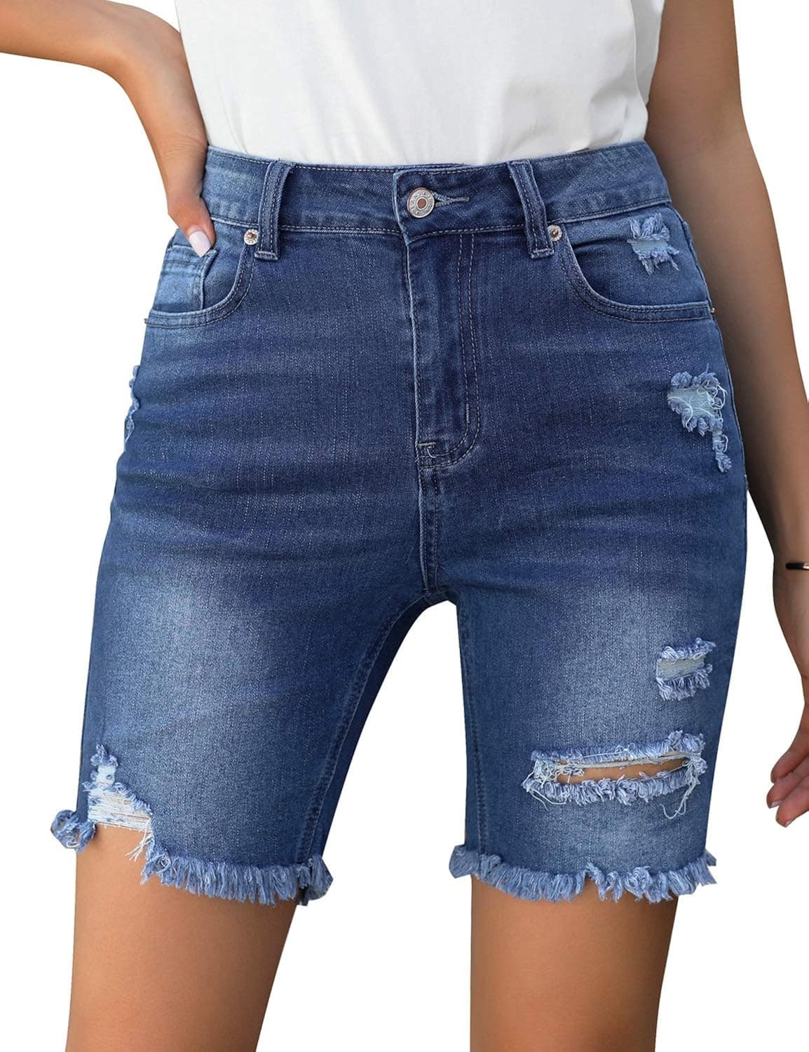 luvamia Women's High Waisted Bermuda Shorts Ripped Distressed Stretch Denim Shorts