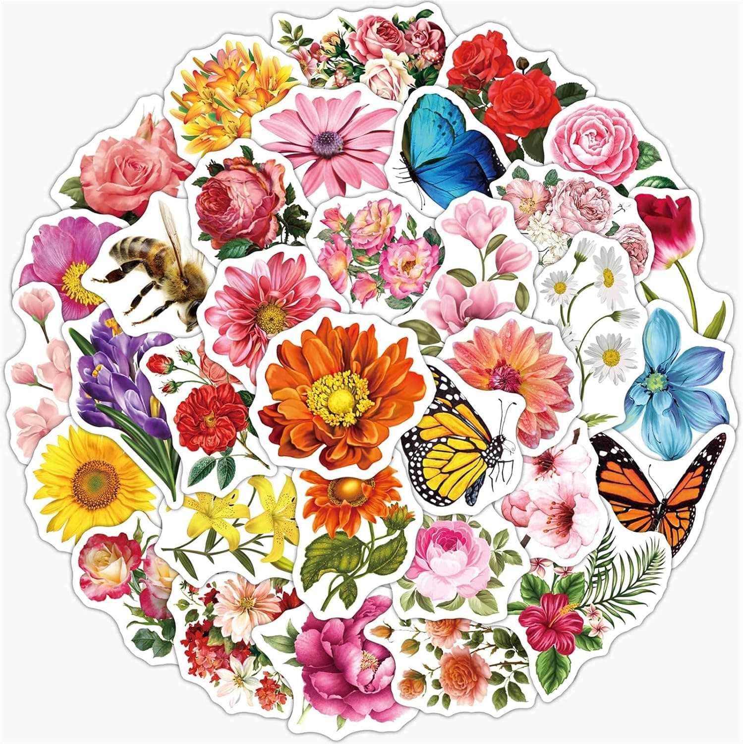 Flowers Stickers 50 Pack Butterfly Flowers Leaves Roses Decals for Teens Girls Waterproof Vinyl Stickers for Water Bottles Laptop Cars