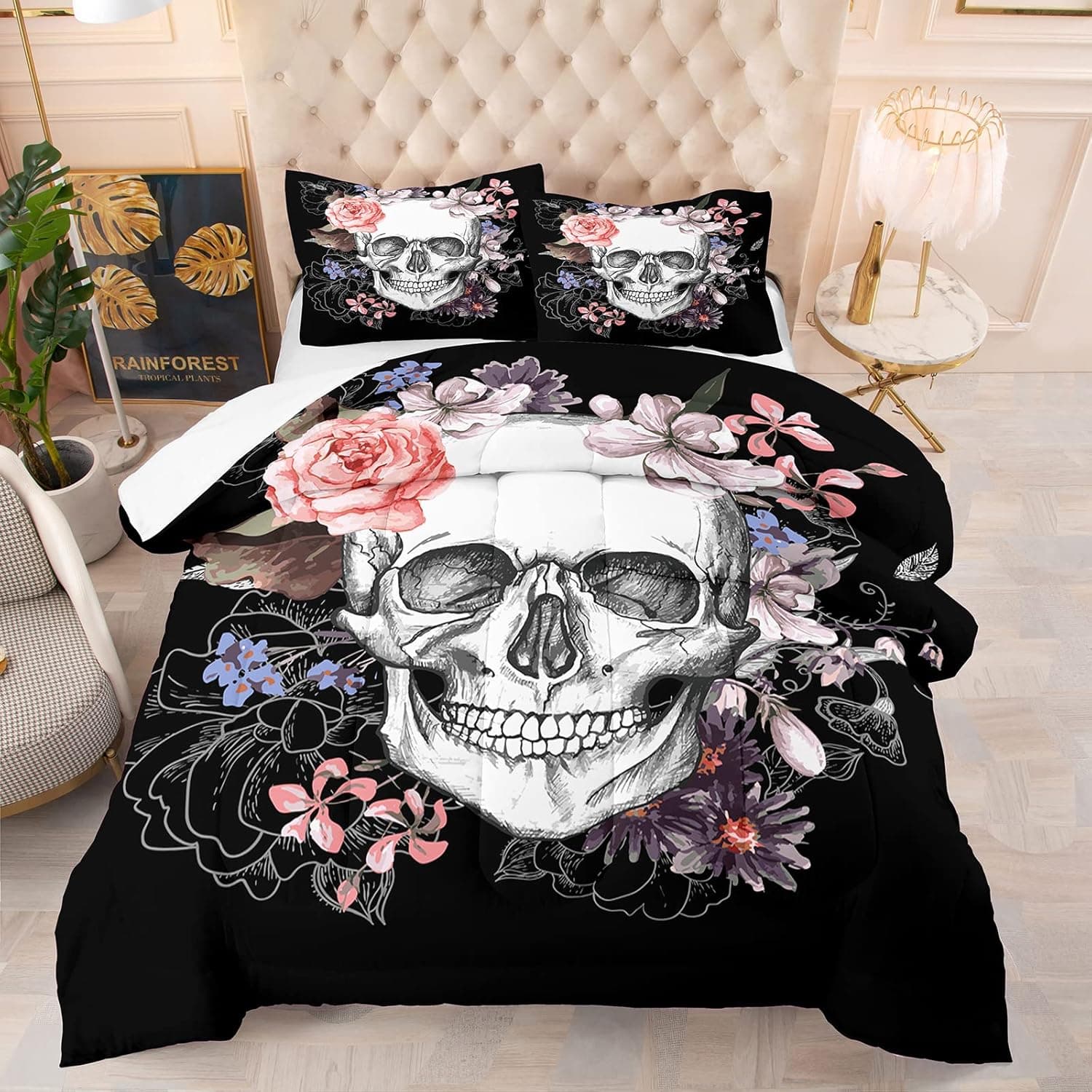NINENINE Skull Comforter Bedding Set Queen Size for Adults,3D Printed Gothic Skull with Roses Bedding Set,Black Comforter Set,Soft Microfiber Easy-Care Quilt Set with Matching Pillowcase#5017