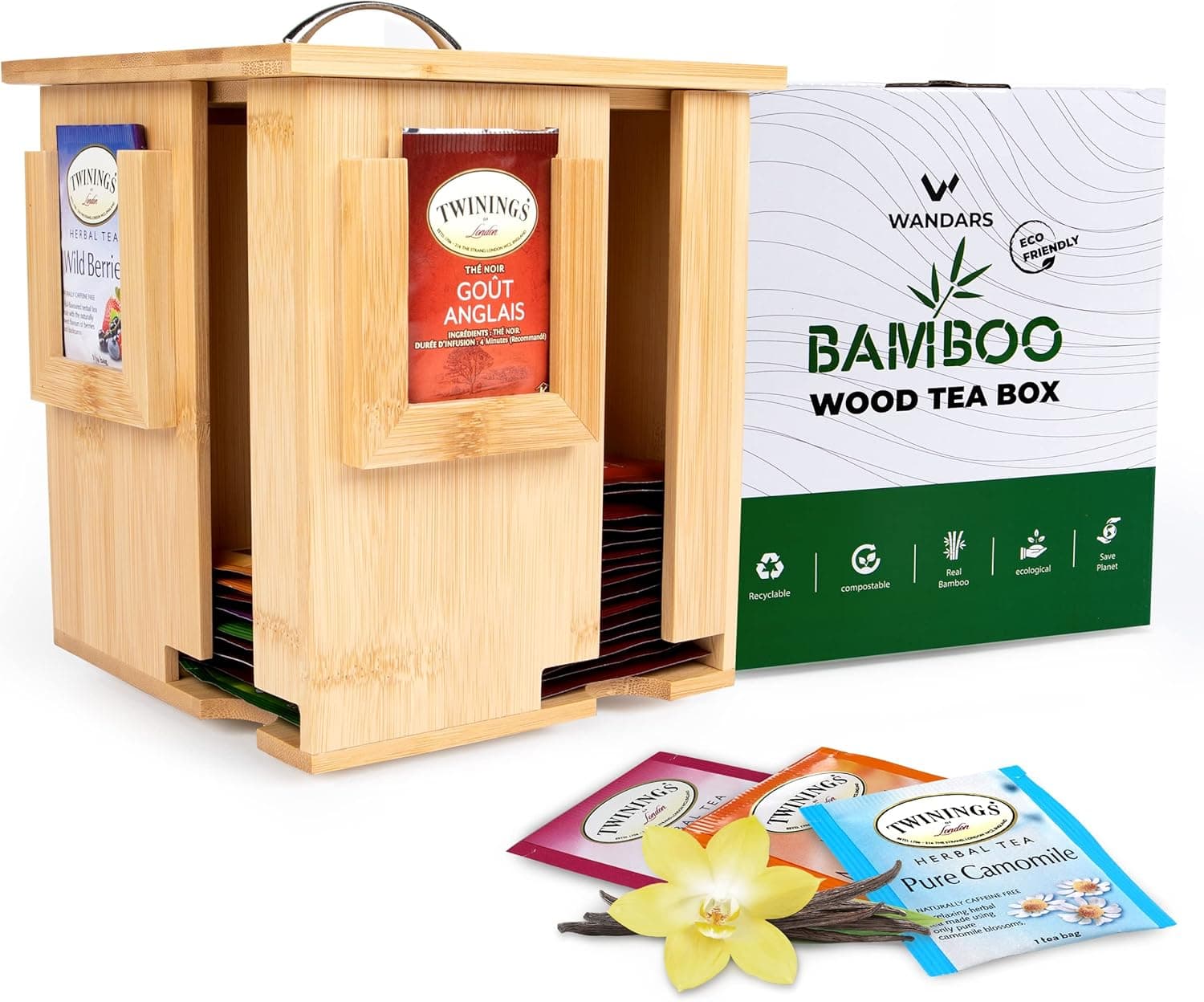 Wandars Bamboo Tea Bag Organizer Storage Box - Rotating Wooden Tea Organizer for Tea Bags, Coffee and Small Condiments Packets with Lid, Tea Box for Home, Office, Kitchen, Countertop Cabinet