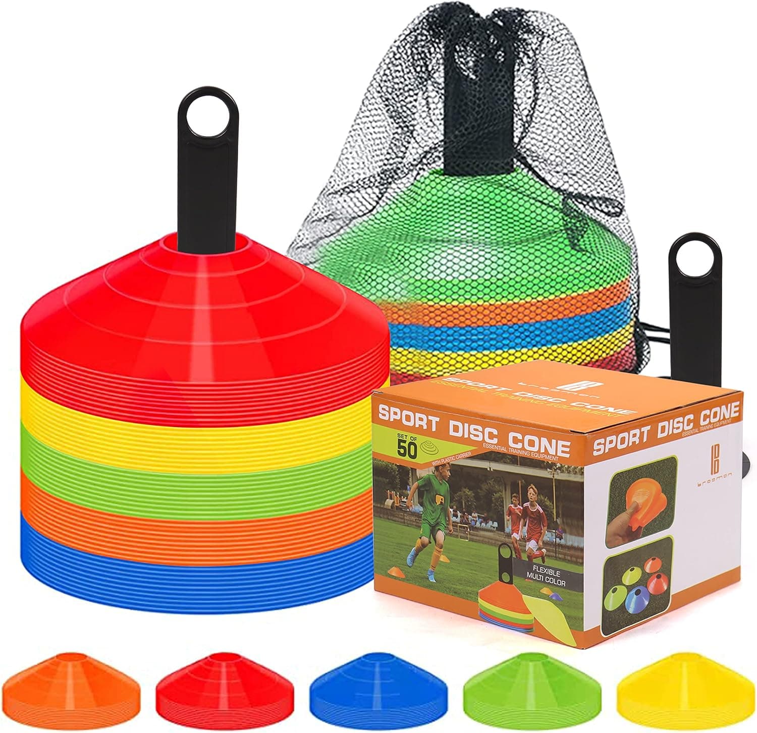 brooman 50-Pack Soccer Disc Cones Training Sports Cone with Carry Bag and Holder for Kids Football Basketball Drills Field Markers