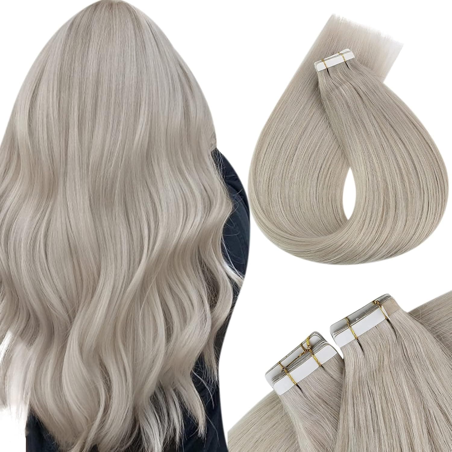 Tape In Grey Hair Extensions 16Inch 20Pcs Blonde Tape In Hair Extensions Human Hair Grey Invisible Real Remy Human Hair Extensions Skin Weft 50G/Pack