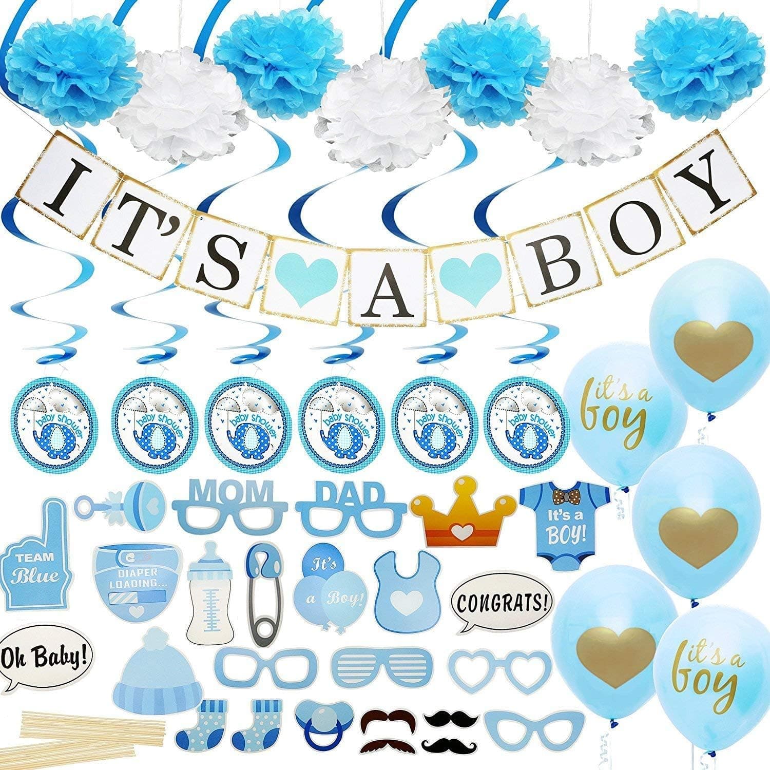 Baby Shower Decorations for Boy Includes matching 'Its A Boy' Banner & Balloons, Cute Photo Booth Props, Blue & White Flower Decor, AND MORE