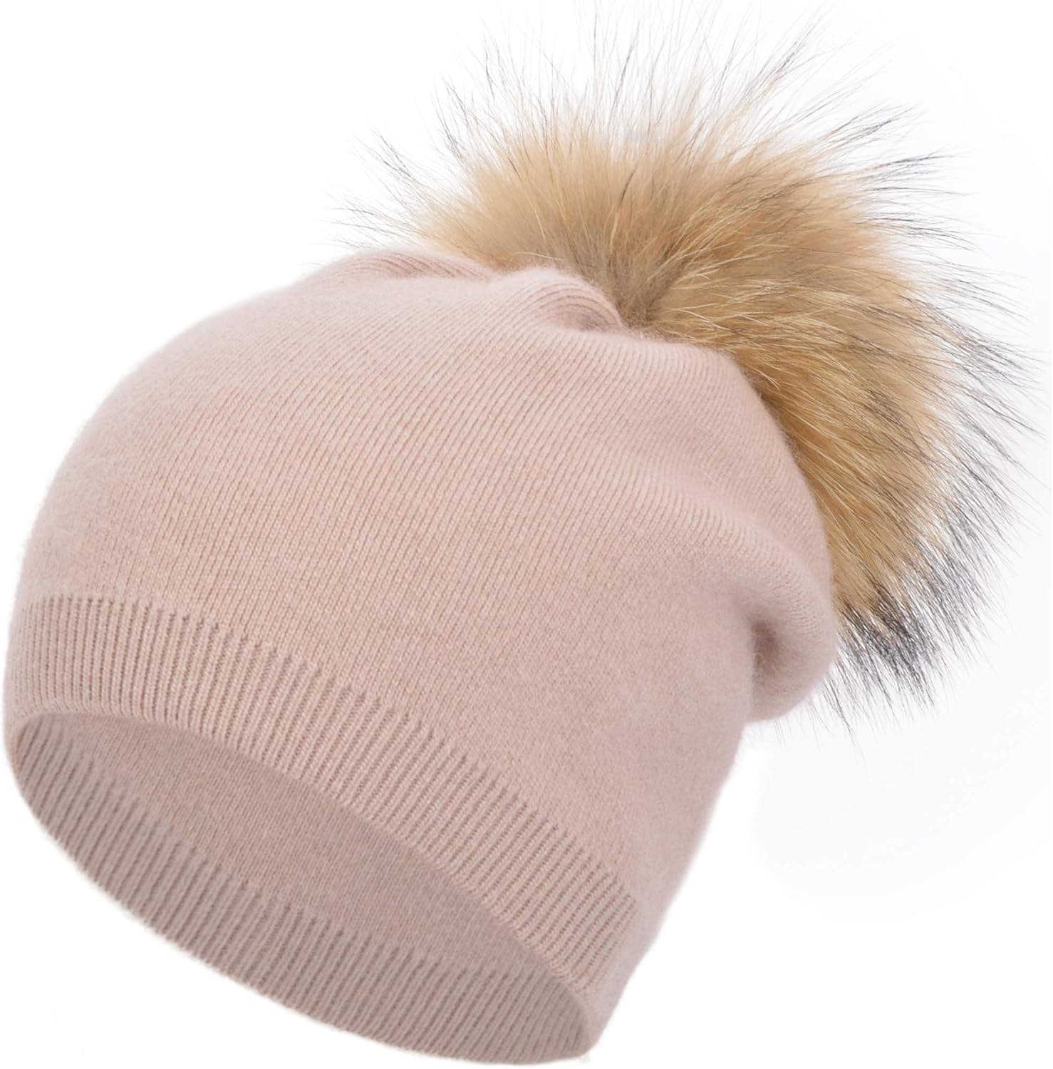 Soft Double Layer Cashmere Winter Slouchy Knit Beanie Hat with Removable Real Fur Pom Pom Knit Beanie Ski Hat