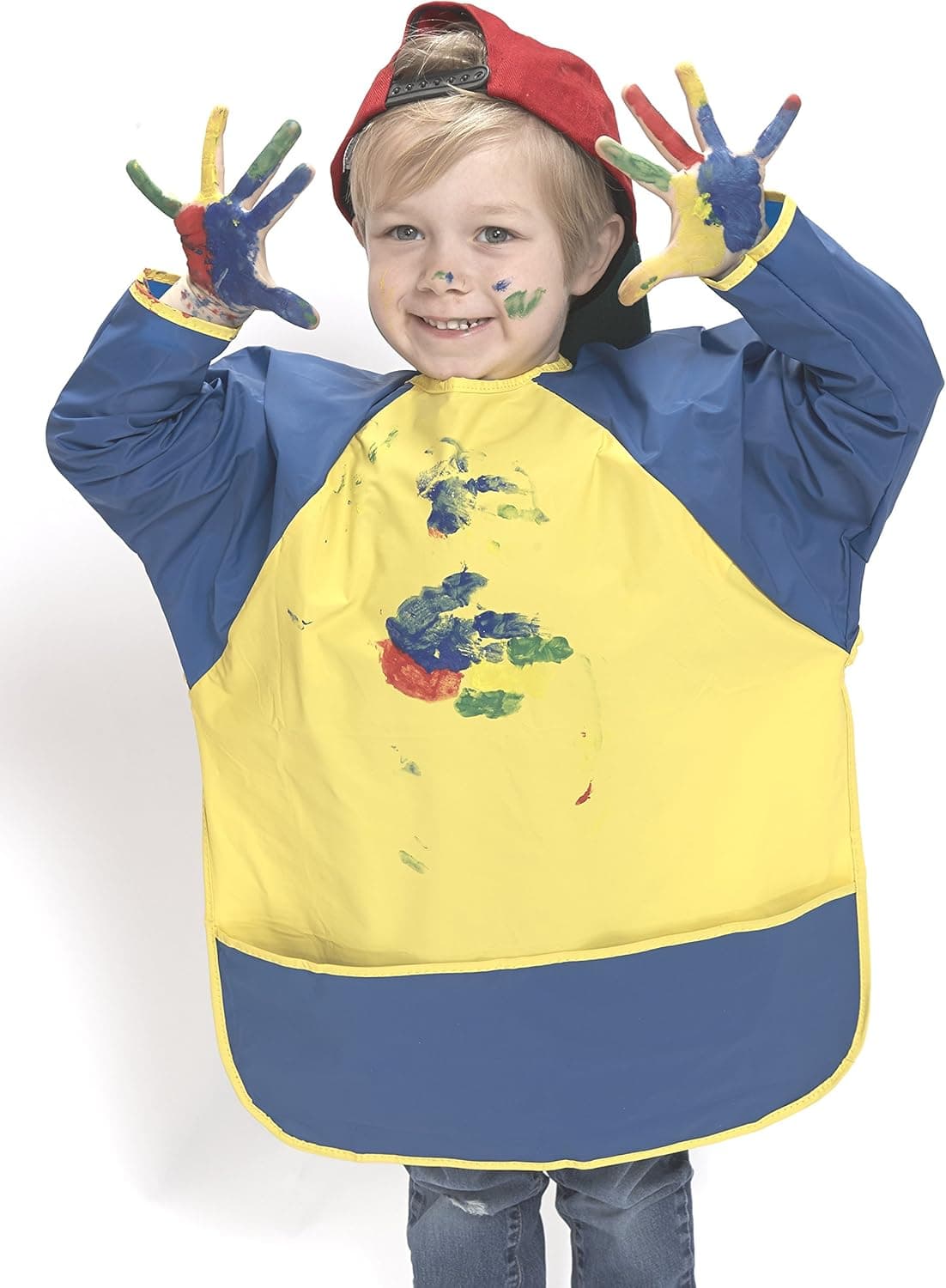 KinderSmock Full Cover Kids Art Smock, Vinyl Waterproof Apron for Kids Arts and Crafts, Blue/Yellow (Ages 6-8)