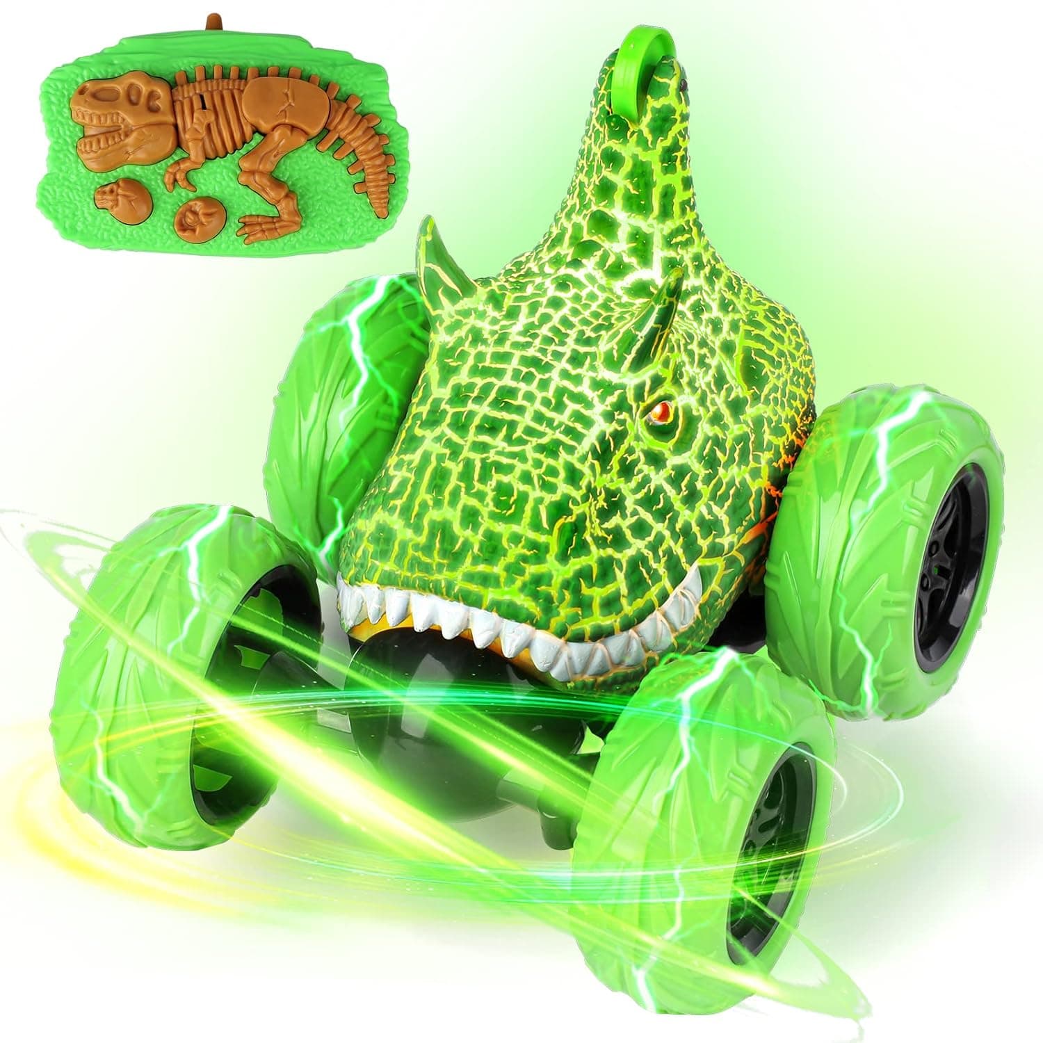 Dywalfri Remote Control Car, Dinosaur Toys RC Stunt Car 360°Rolling with LED Headlights, Rechargeable RC Car Dinosaur Toys Gifts for 4 5 6 7 8-12 Year Old Boys Girls Kids (Bullhorn Saurus )