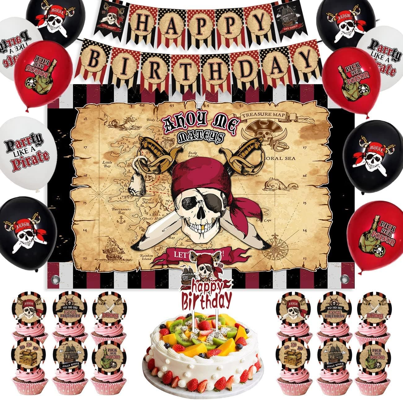Pirate Birthday Party Supplies,Pirate Treasure Map Backdrop Background Happy Birthday Banner Photo Booth Wall Hanging Decorations,Cake toppers and Balloons Halloween Pirate Theme Party Decorations