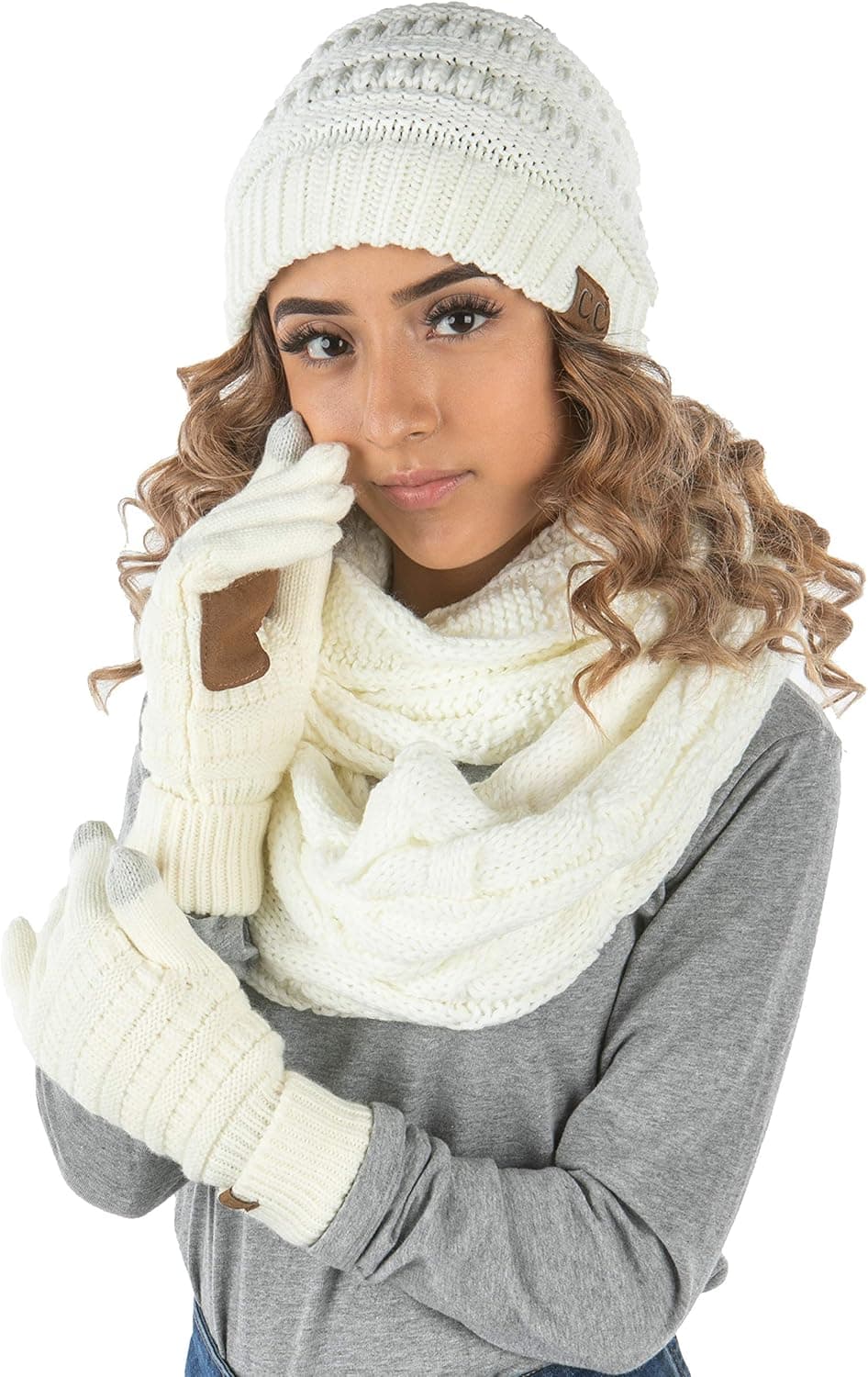 Funky Junque Cable Knit Beanie Infinity Scarf Texting Glove Lined Matching Set
