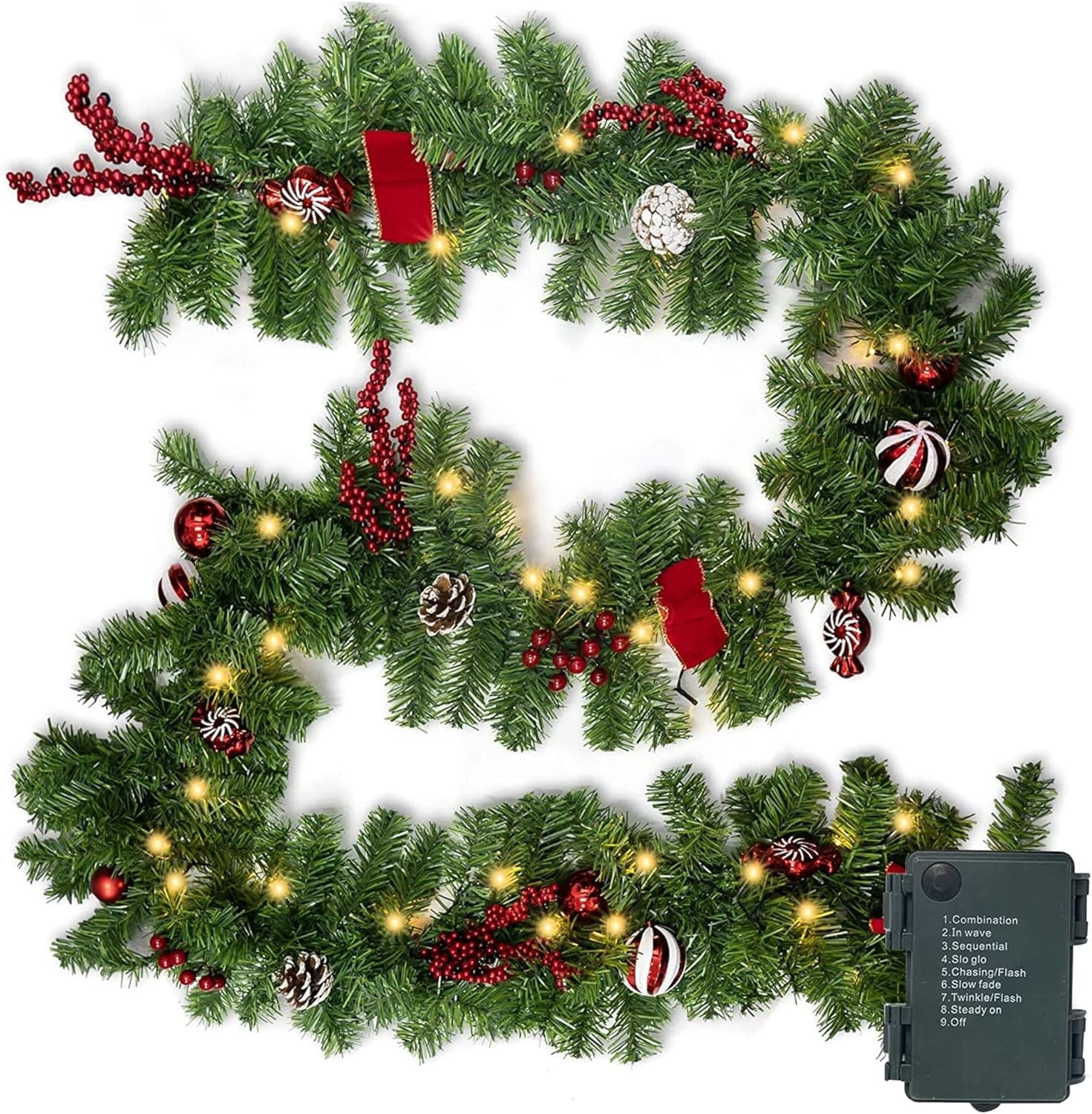 Nerosun 9FT Christmas Garland with 50LED Lights, Battery Operated Prelit Garland Christmas Decorations Timer 8 Mode, Artificial Outdoor Christmas Garland Greenery Pinecone for Indoor Door Decor