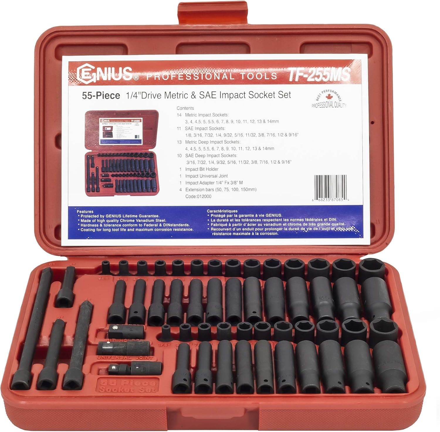 Genius Tools 55PC 1/4" Dr. Metric & SAE Impact Socket Set - TF-255MS