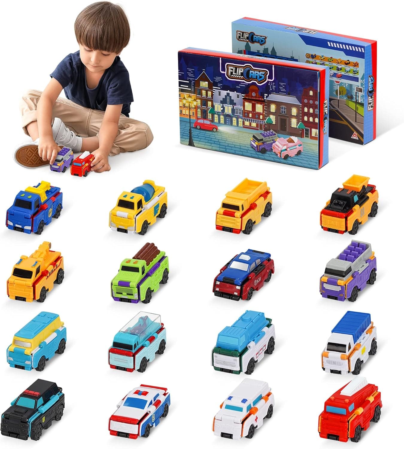 Toy Car Set, 16 Pcs 2-in-1 Flip Transformation Cars Toys with 32 Forms Transform, Engineering Car, Police Car,Ambulance, Trucks Creative Mini Transforming Car for Kid's Birthday Gift