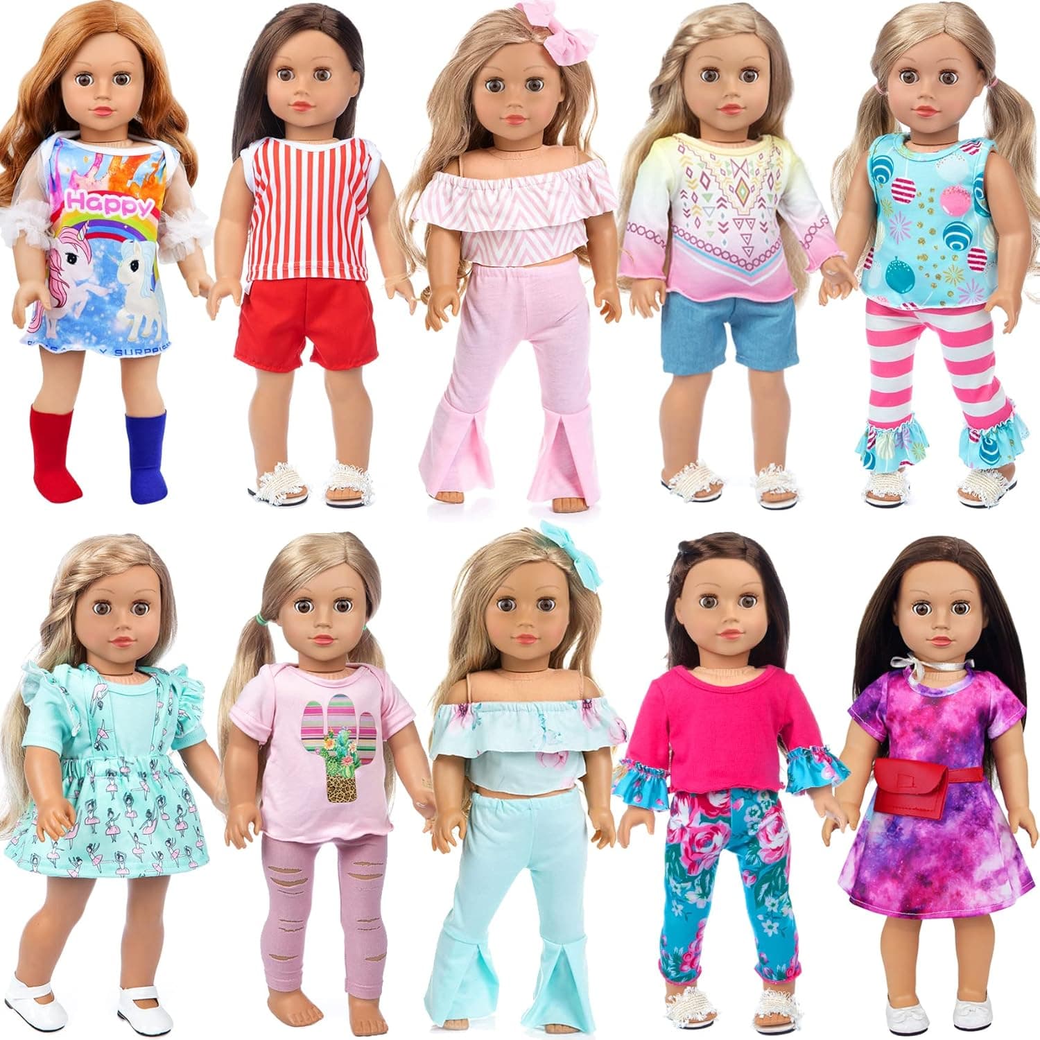 Ecore Fun Ramdon 10 Sets 18 Inch Doll Clothes Outfits Pajamas Dresses Hair Clips for 18 Inch Girl Doll