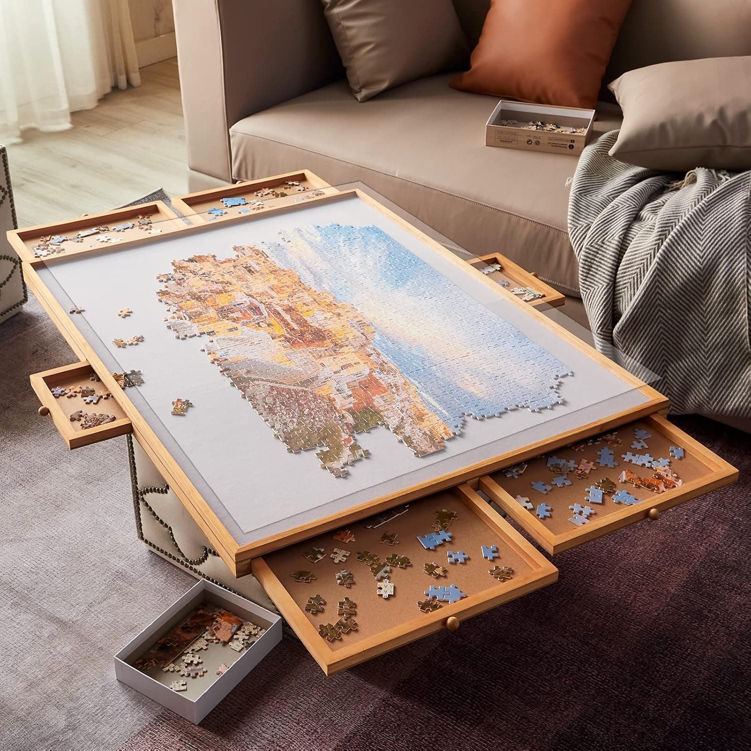 Jomtien Wooden Puzzle Table with Drawer for Storing Puzzles, Non-Slip Felt Surface, Portable Puzzle Board, Suitable for Adults and Children, can Hold 1500 Pieces