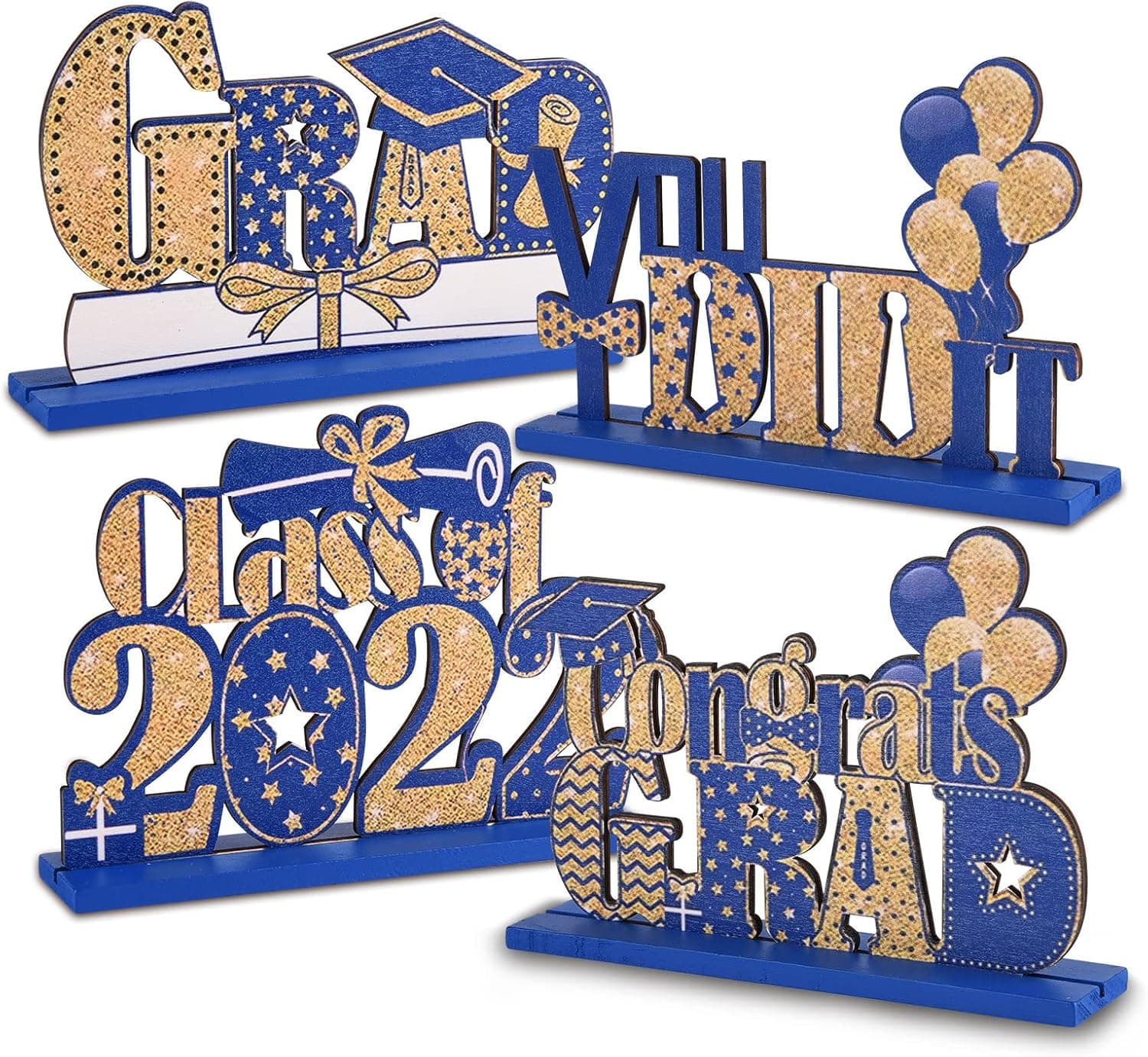 Graduation Party Decorations 2022 - 4 Pieces Graduation Centerpieces for Tables, Wooden Class of 2022 Grad Congrats Graduation Table Toppers for High School College Graduation Party Supplies, Blue