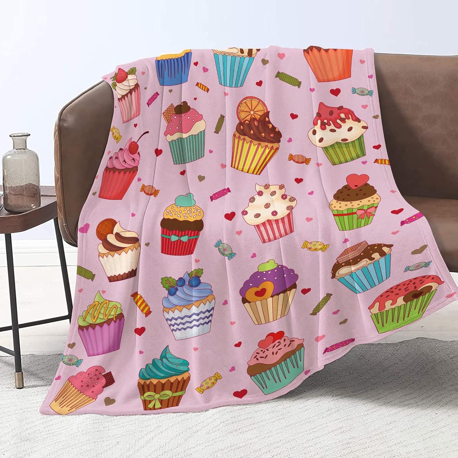 Pink Cupcake Throw Blanket, Super Soft Flannel Blanket for Girls and Boys, Cute Cupcakes Design Blanket for Kids Bed, Couch and Travel, Camping, All Seasons Cozy Blanket for Children-40''x50''