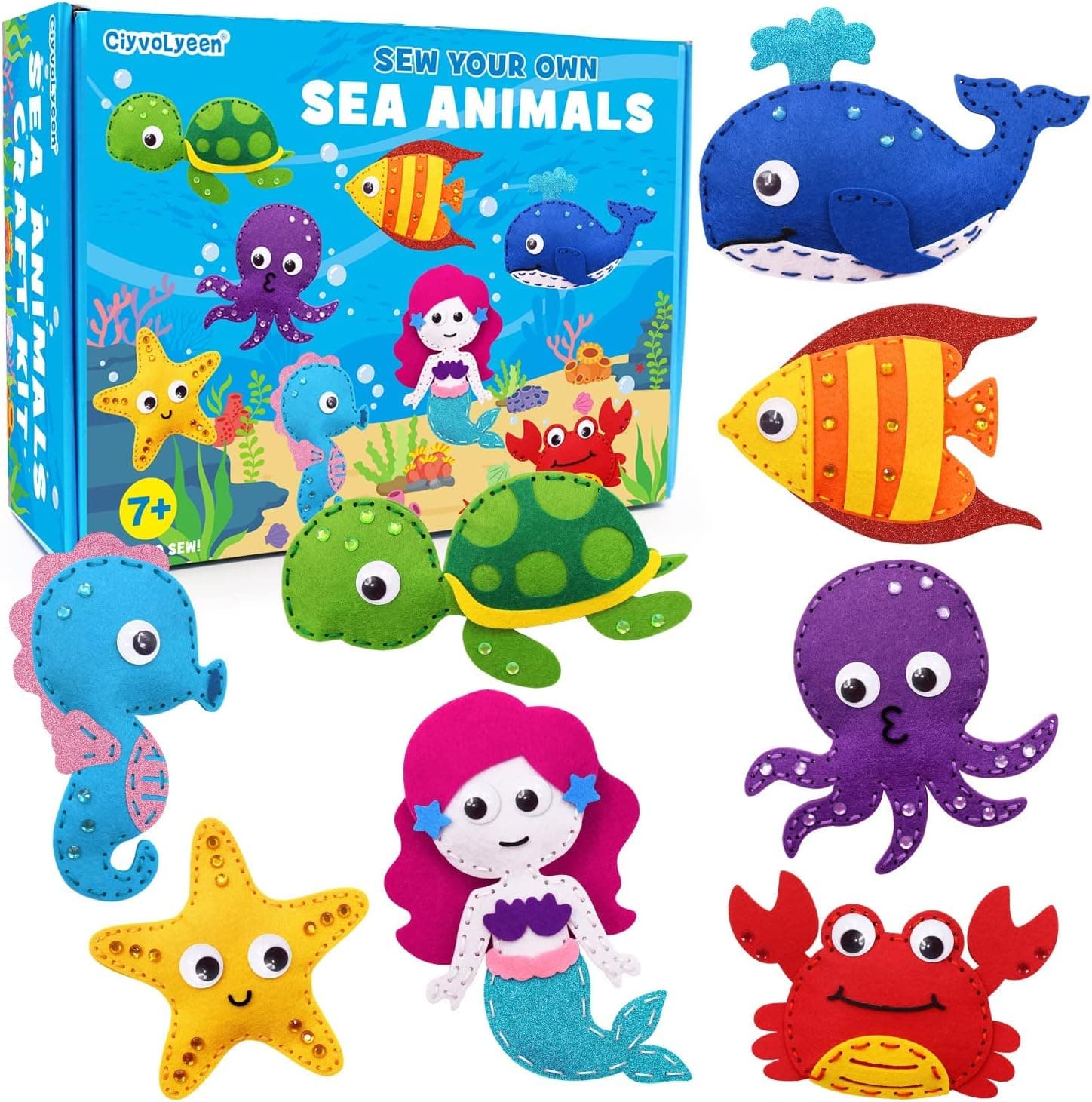CiyvoLyeen Sea Animals Sewing Kit Make Your Own Ocean Animals Mermaid DIY Felt Craft Kit Gifts for Beginner Kids Educational Art Craft Supplies Set of 8
