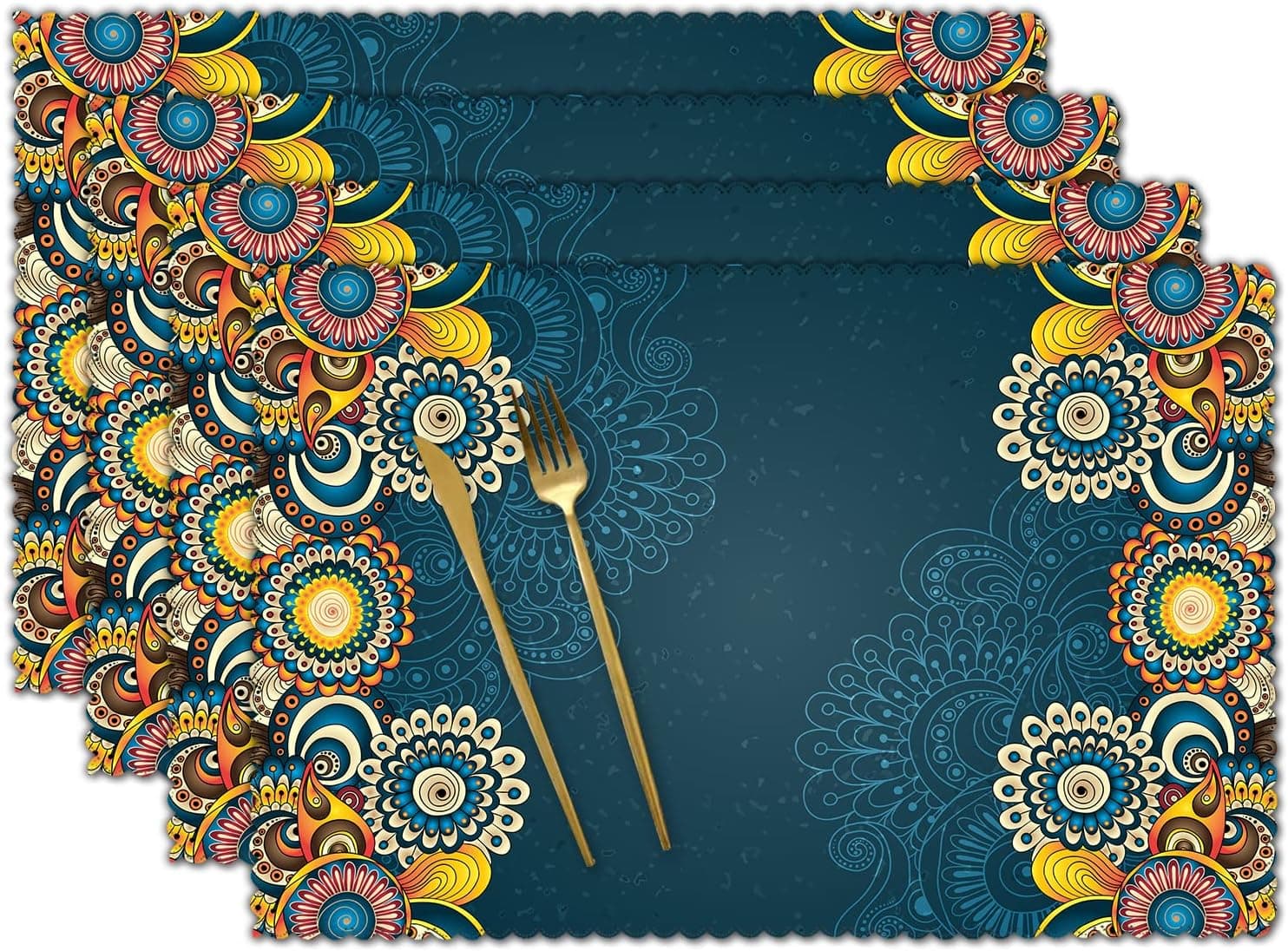 Housedoit Floral Flower Mandala Pattern Placemats Set of 4, Washable Thick Fabric Kitchen Place Mat for Dining Table Holiday Banquet Party Decor 12x18 in