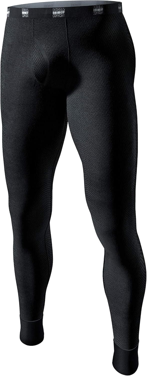 Degrees of Comfort Long Johns Thermal Underwear for Men | 100% Cotton with Diamond Fit Tech | Breathable Warm Base Layer Bottoms for Ski Hiking Camping Essentials Gear, Black