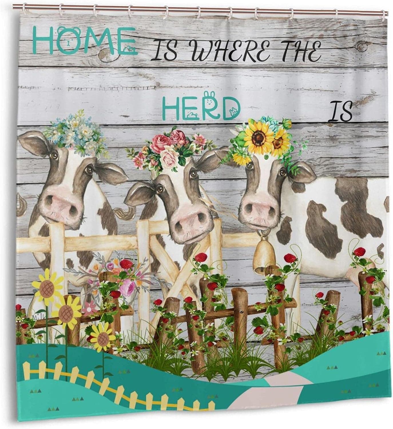 Socira Shower Curtain,Vintage Farm Brown Cow Cattle Farm Cattle with Floral Rustic Animals Wooden Board Waterproof Bath Curtain for Bathroom,Quick Dry Bathtub Curtains Shower Stall Curtain 72''X72''