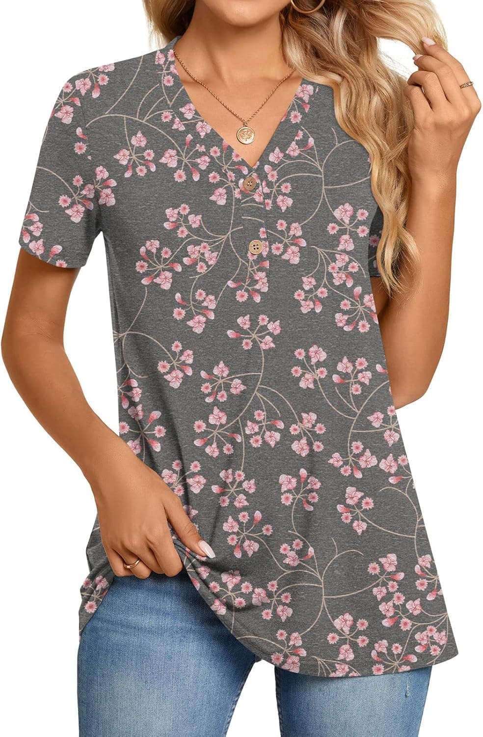 BISHUIGE Womens Henley Tunic Tops Button Up T-Shirts Short Sleeve V-Neck Casual Blouses