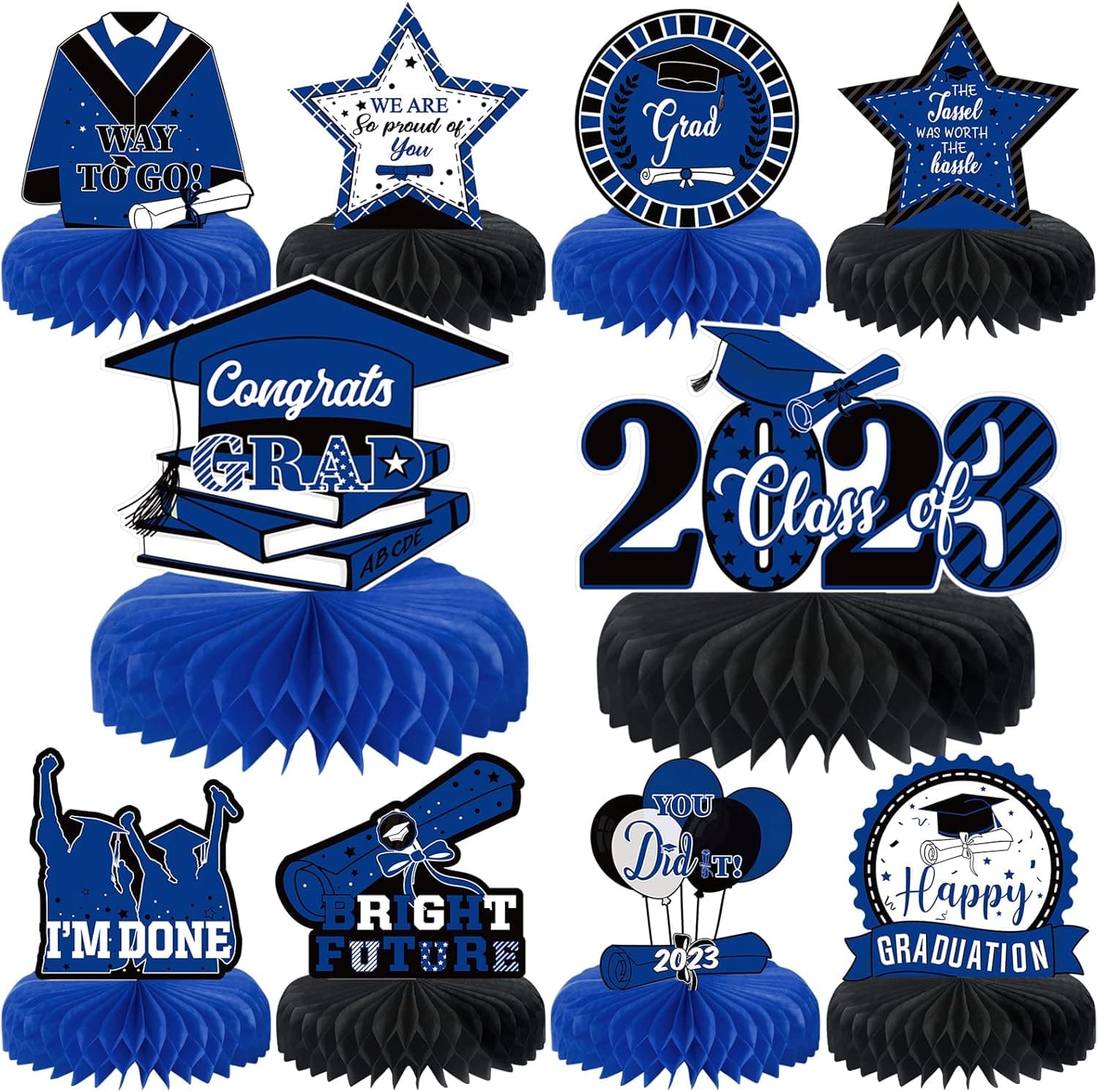 10PCS Graduation Party Decorations Class of 2023 Congrats Grad Table Centerpieces Congratulate Graduation Honeycomb Table Toppers for Graduation Party Supplies(Blue Black)