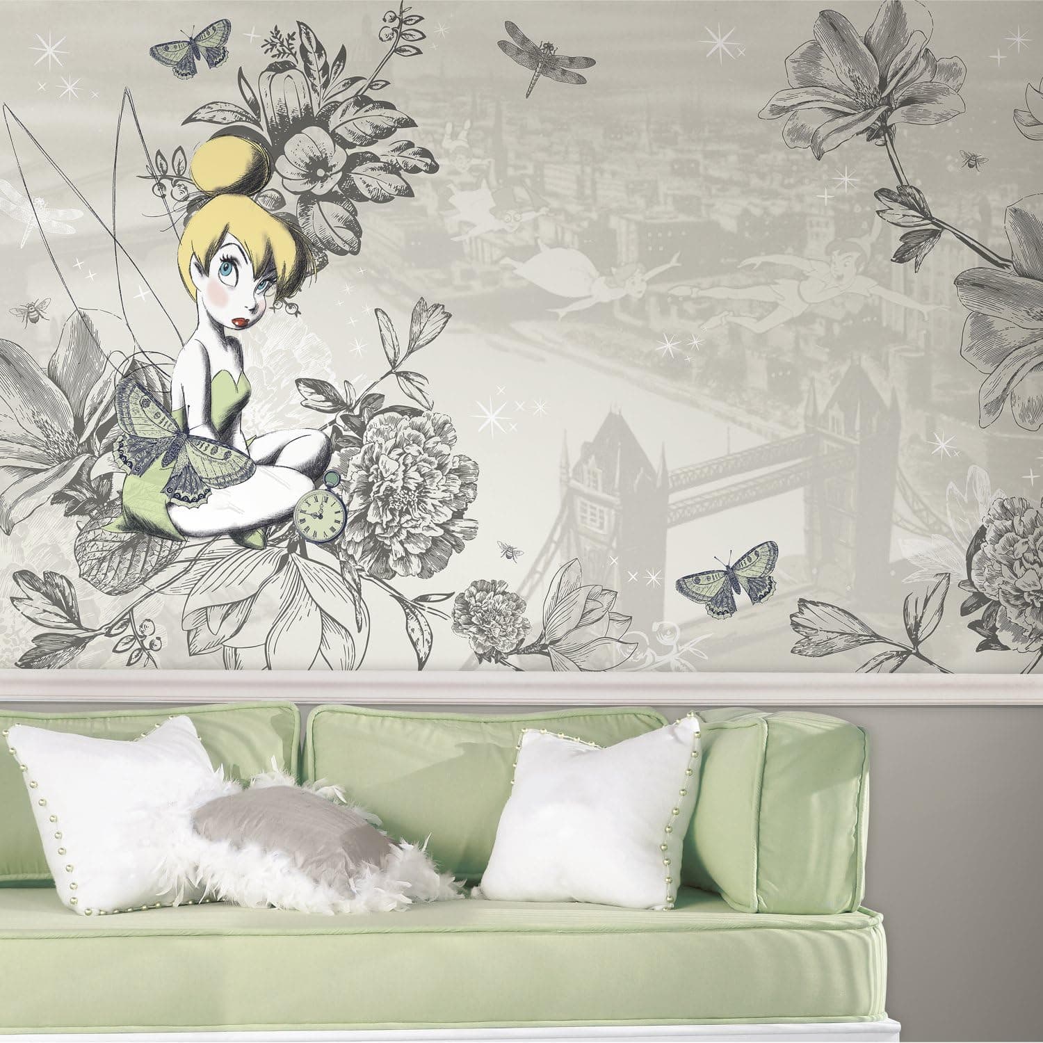 RoomMates JL1383M Disney Fairies - Vintage Tinkerbell Spray and Stick Removable Wall Mural - 10.5 ft. x 6 ft.