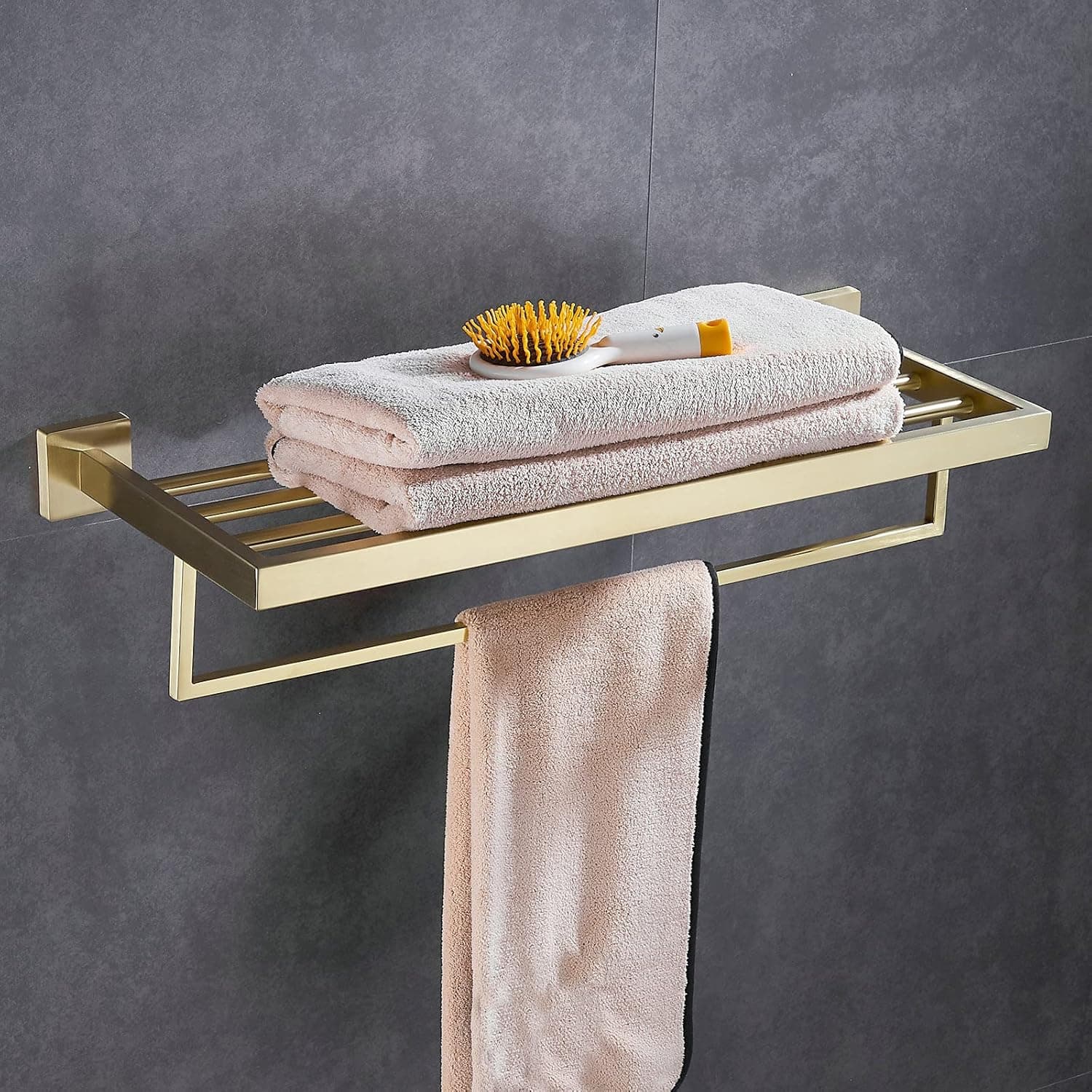 Bathroom Towel Rack Brushed Gold, NEWRAIN Bathroom Lavatory Towel Rack Towel Shelf with Towel Bars Wall Mount Holder,24-Inch SUS 304 Stainless Steel