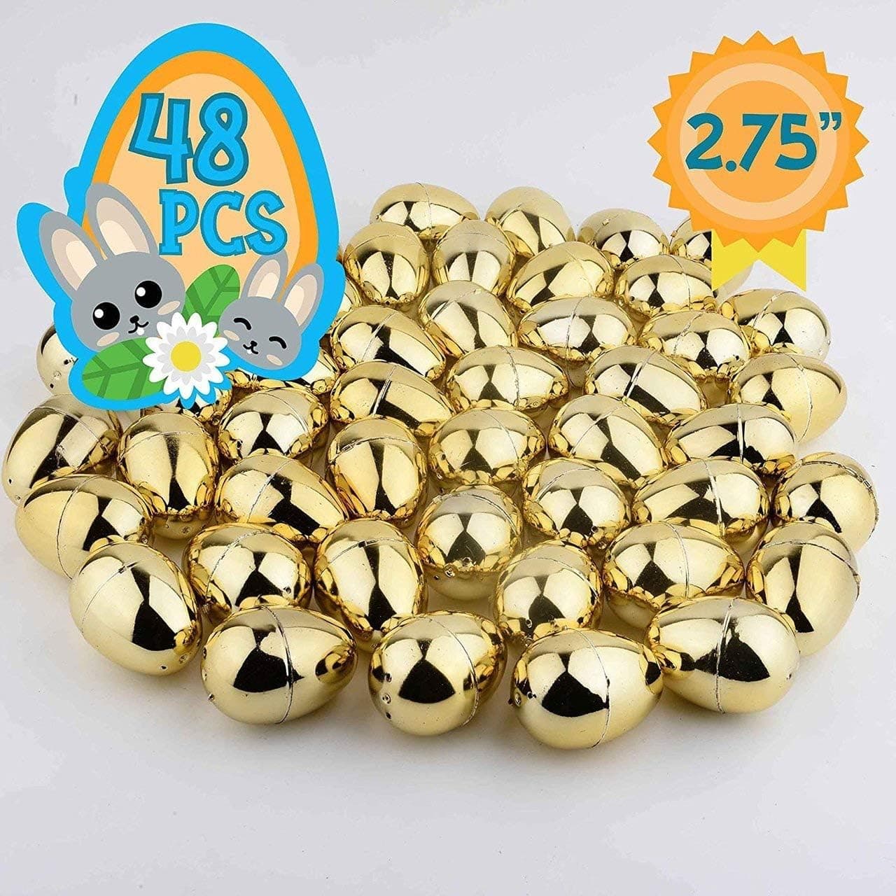 Totem World 48 2.75-inch Gold Metallic Easter Eggs - Perfect Size for Filling and Hiding Treats for Small Children - Bulk Assortment - Durable Designs That Snap Shut and Hold Tight