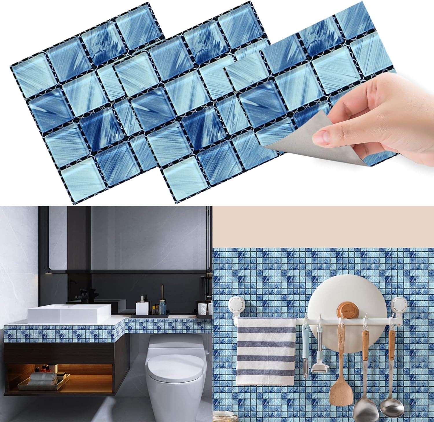 20pcs Mosaic Wall Decorative Tile Stickers, Peel and Stick DIY Home Decoration Backsplash Stamp Pattern 3.94 x 3.94 Inch for Kitchen & Bathroom, Living Room, Floor Light Blue
