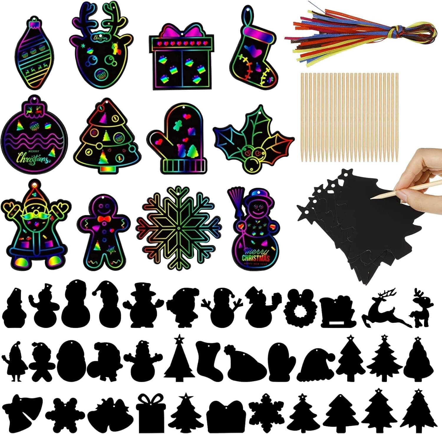 QUEEN KING 48Pcs Christmas Scratch Bookmarks,Scratch Art Magic Rainbow Bookmarks for Kids with 48 Colorful Ribbons 16 Stylus Santa Elk Christmas Tree Snowflake for Boys Girls Birthday Christmas Gift