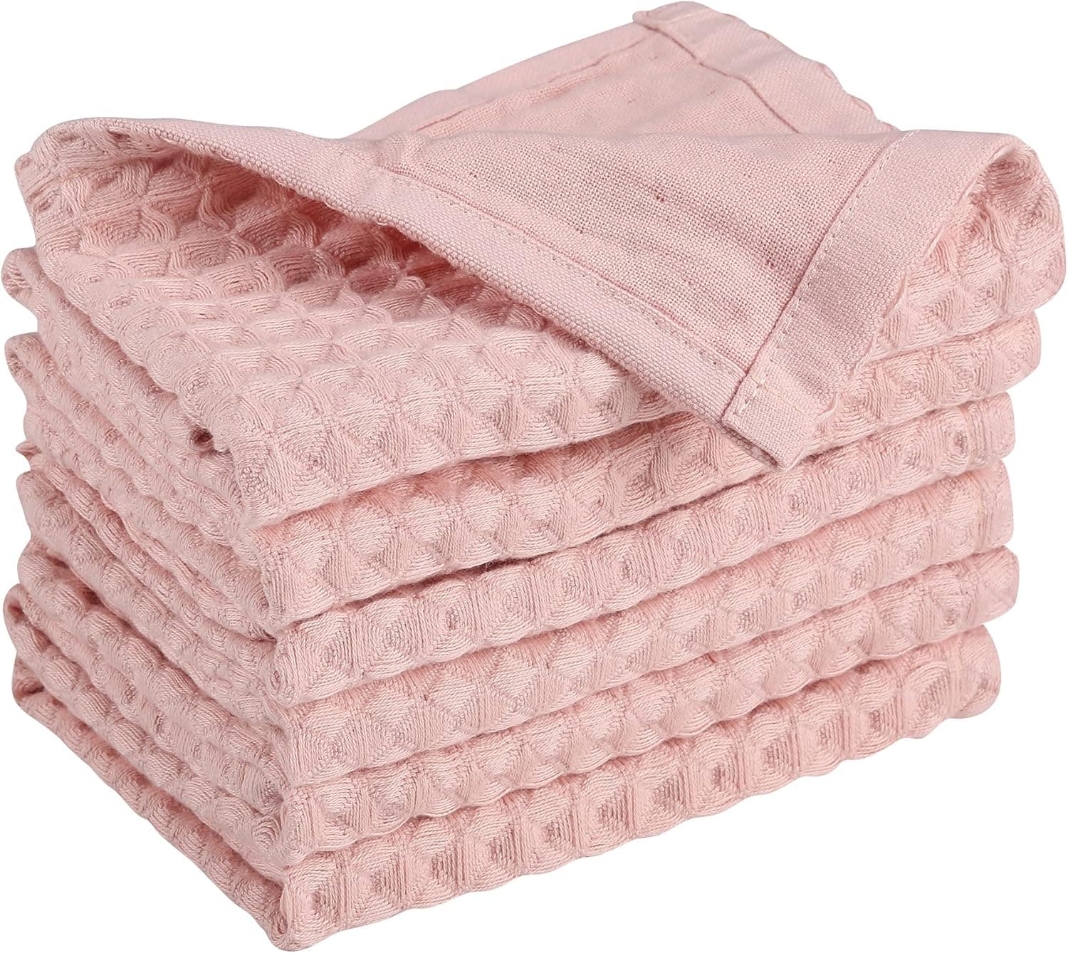 Moolimay Kitchen Dish Towel Set of 6 100% Cotton, Thick and Soft Dish Cloths for Washing Dishes, Ultra Absorbent, Quick Drying Waffle Washcloth for Kitchen Hand Towels, 13.5" x 13.5", Pink