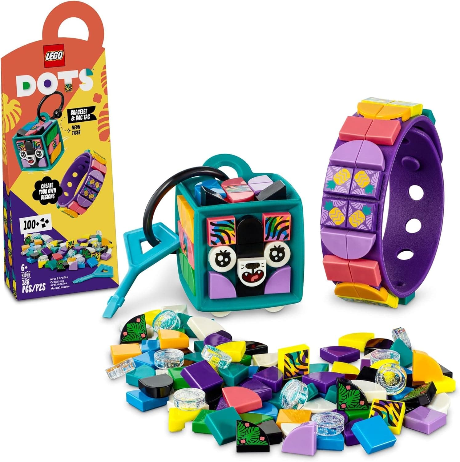 LEGO DOTS Neon Tiger Bracelet & Bag Tag 41945 DIY Craft Kit Bundle; A Creative Gift for Animal Fans Who Like to Make Keychain-Style Accessories; Fun Inspiration Set for Kids Aged 6+ (188 Pieces)
