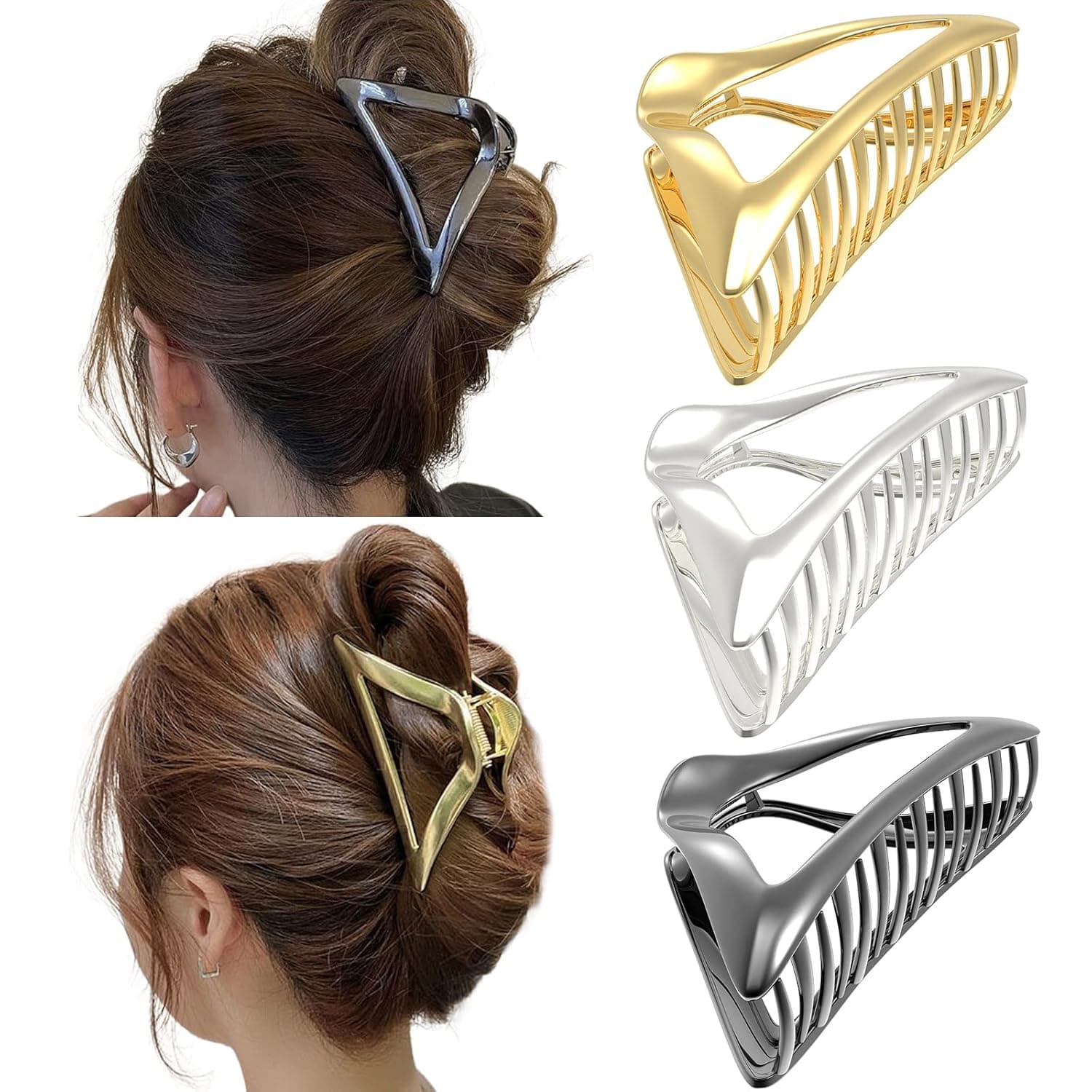 3 Pack Hair Claw Clips for Thick Hair, 4in Medium Metal Hair Clips for Women, Hair Claw Clips for Thin & Long Hair, Triangles Claw Clips Hair Accessories for Styling and Securing Hairstyle, 3 Colors