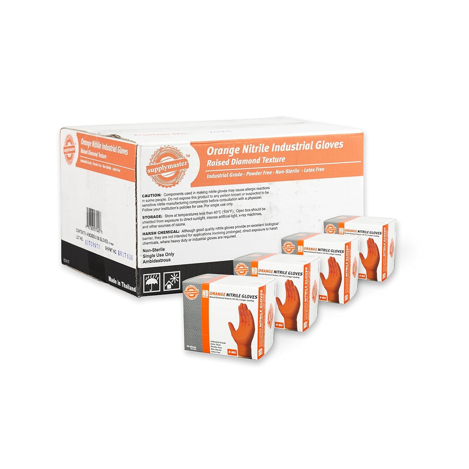 SupplyMaster - SMDTON8XL-BX - Diamond Texture Nitrile Gloves - Disposable, Powder Free, Industrial, 8 mil, XLarge, Orange (Box of 50)