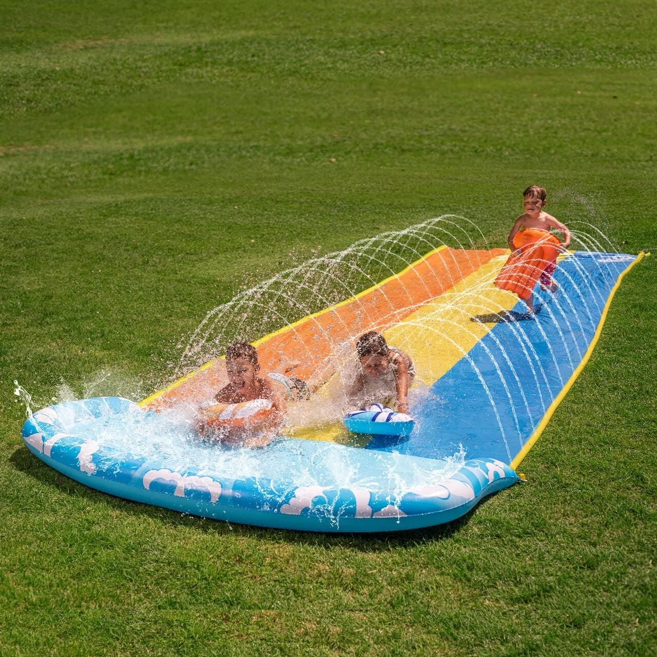 Sloosh 22.5ft Water Slip Slide Water Triple Slides with 3 Bodyboards, Summer Toy with Build in Sprinkler for Backyard and Outdoor Water Toys Play 22.5ft x 78in