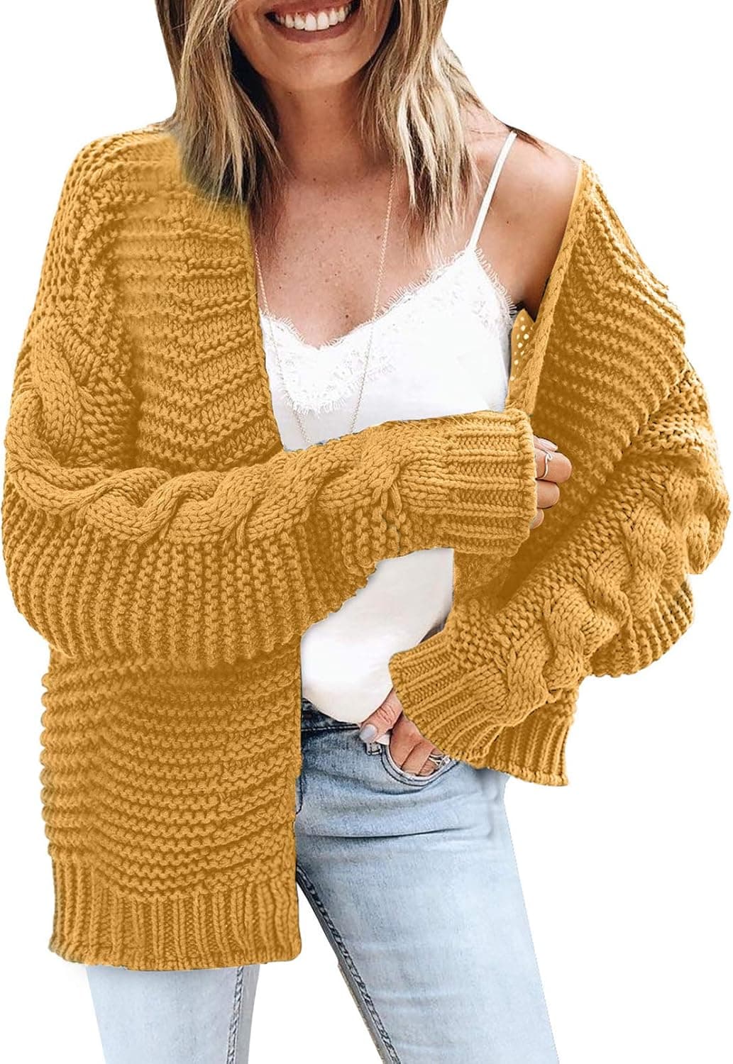 Actloe Women Open Front Chunky Cable Knit Long Sleeve Cardigan Casual Sweater Outwear