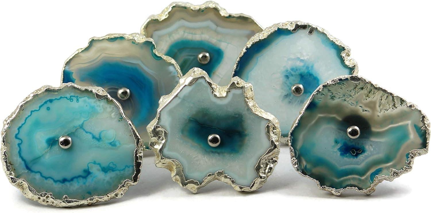 owlKraft Set of 6 Ocean Blue Agate Stone knobs for Cabinet Doors and Drawers (6, Silver Electroplated Borders)