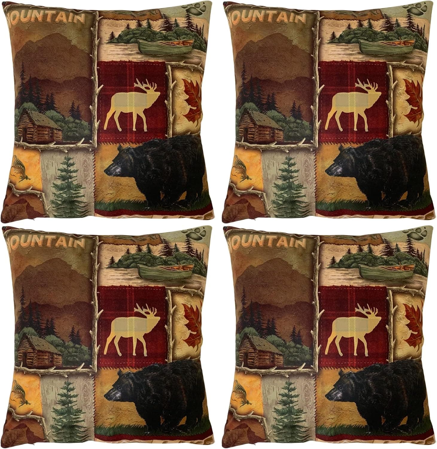 Deco4URLife Set of 4 Square 18X18 inch Throw Pillow Covers for Women/Men, Short Plush Pillow Cases Cushion Covers for Home Sofa Couch Living Room Car Decor - Rustic Lodge Bear Moose Deer