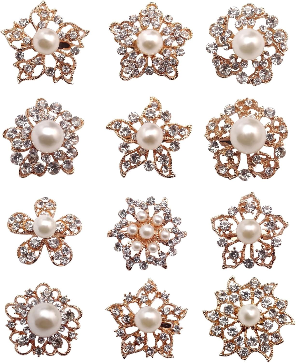 L'VOW 12px Pearl Brooches Mixed Designs Silver or Gold Colors Brooch Pins Wedding Corsage Bride Bouquet Kit (X- Gold)