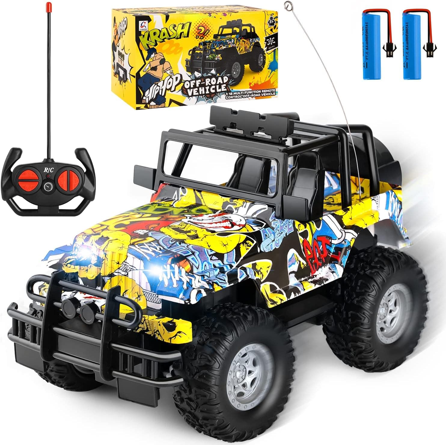 VANKICO RC Car, 2.4GHZ Speed 15Km / h All Terrain Remote Control Car, 1:18 Scale RC Truck, Monster Truck with Headlights and Two Rechargeable Batteries - Suitable for Children Adults - Graffiti