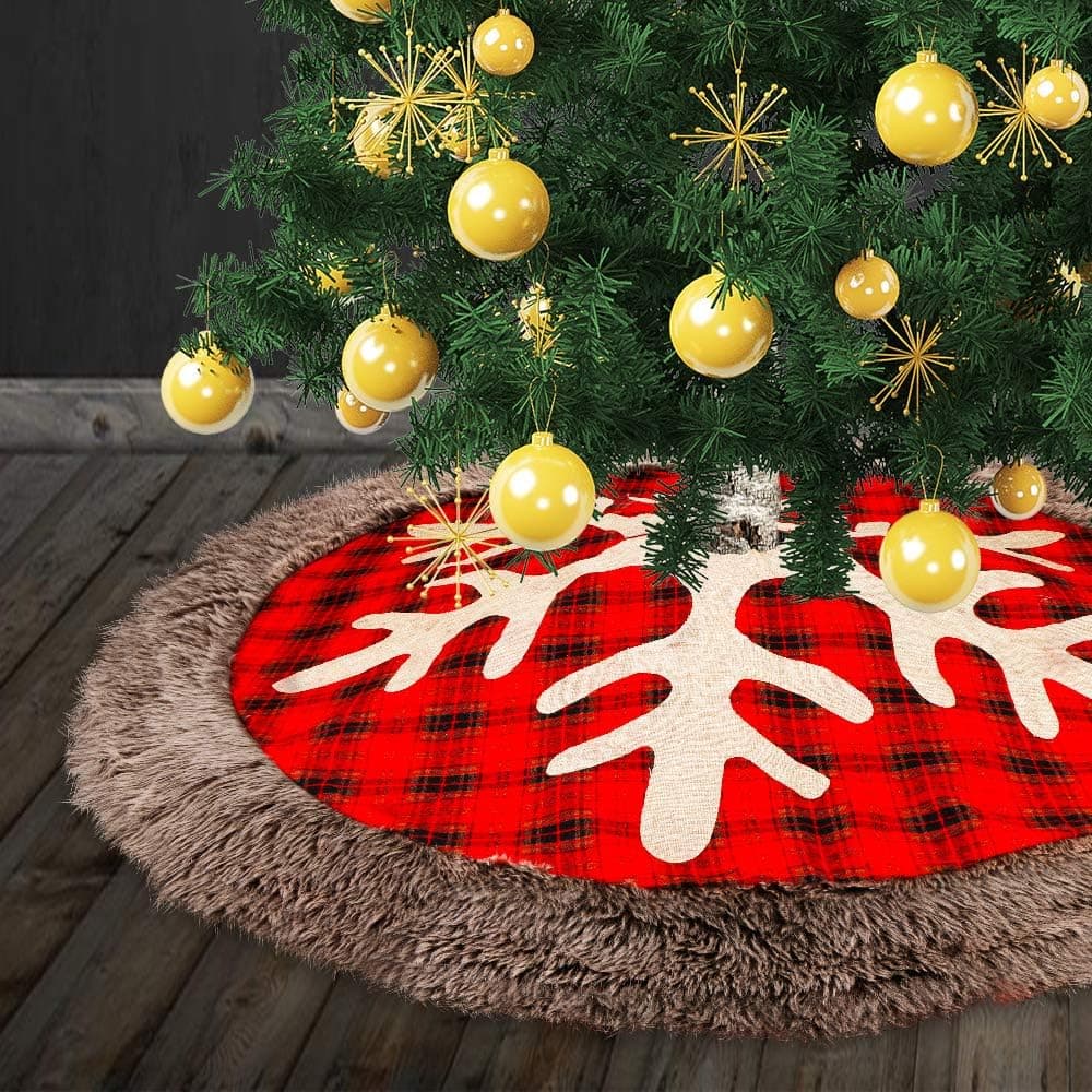 Yashell Christmas Tree Skirt, 48 inches Large Burlap Plaid Christmas Tree Skirt with Snowflake and Faux Fur, Xmas Tree Holiday Decorations