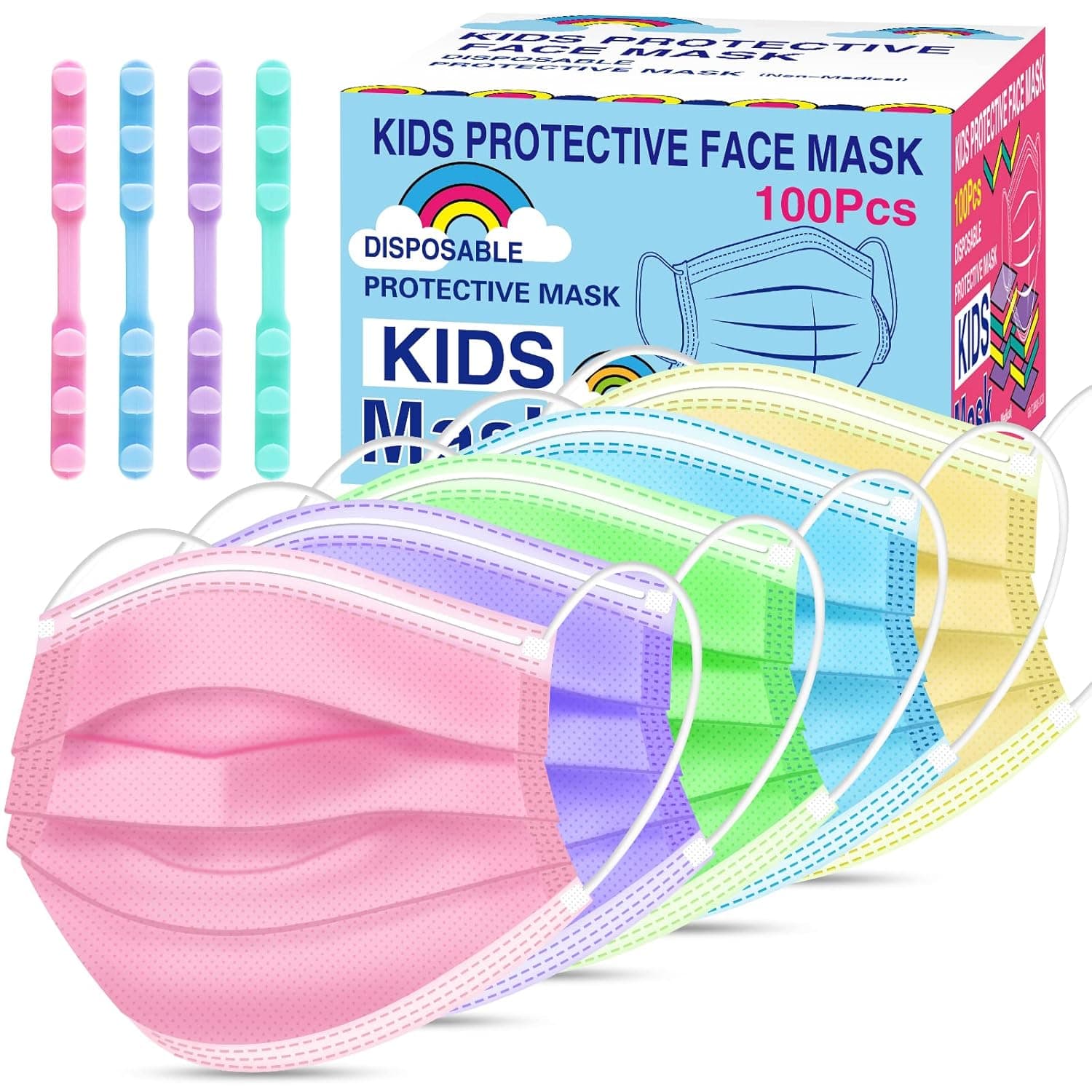 Kids Disposable Face Masks 100 pack, 3 Ply Colorful Kids Masks Protection Breathable Face masks for Children Safety Mask for Boys Girls